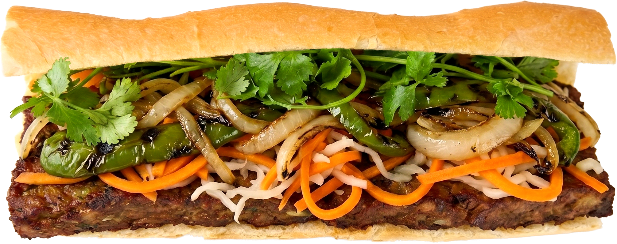 Close up of Saigon Sausage and Peppers Banh Mi sandwich at Banh Mi Boy