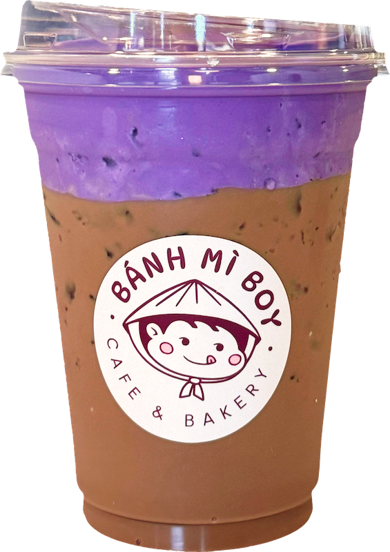 A cup of Ube Foam Iced Coffee from Banh Mi Boy.