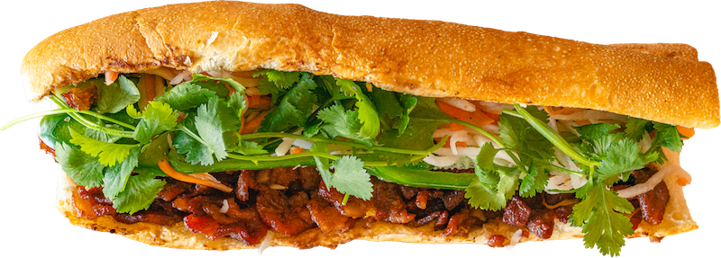 Close-up of Char Siu Pork Banh Mi Boy sandwich.