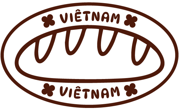 A brown passport stamp with the words Vietnam written at the top and bottom, featuring a loaf of bread in an oval.