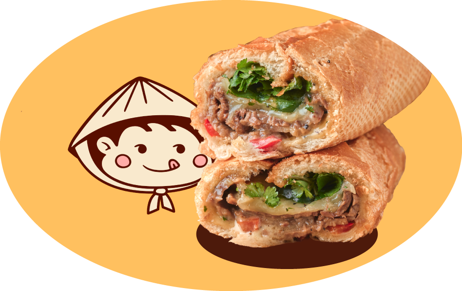 Close-up of a banh mi sandwich with vegetables and meat with the banh mi boy character.
