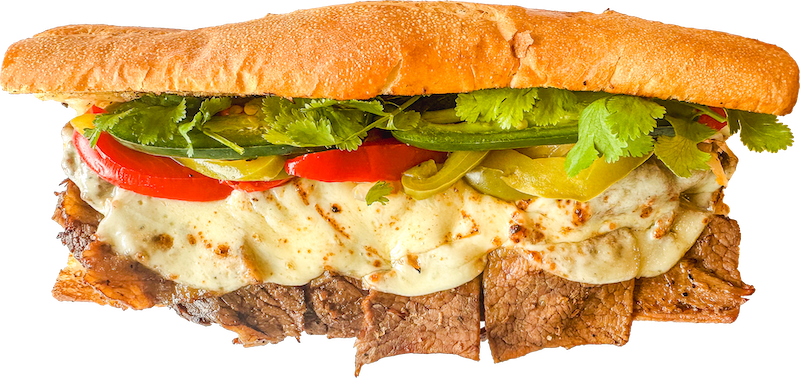 Close-up of Saigon cheesesteak Banh Mi Boy sandwich