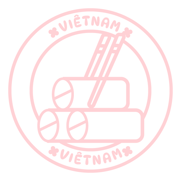 A pink passport stamp with the words Vietnam written at the top and bottom, featuring three spring rolls and chopsticks in a circle.