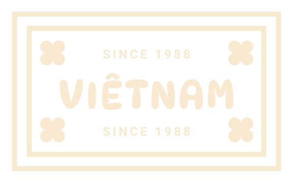 A cream passport stamp with the word Vietnam and Since 1988 in a rectangle.