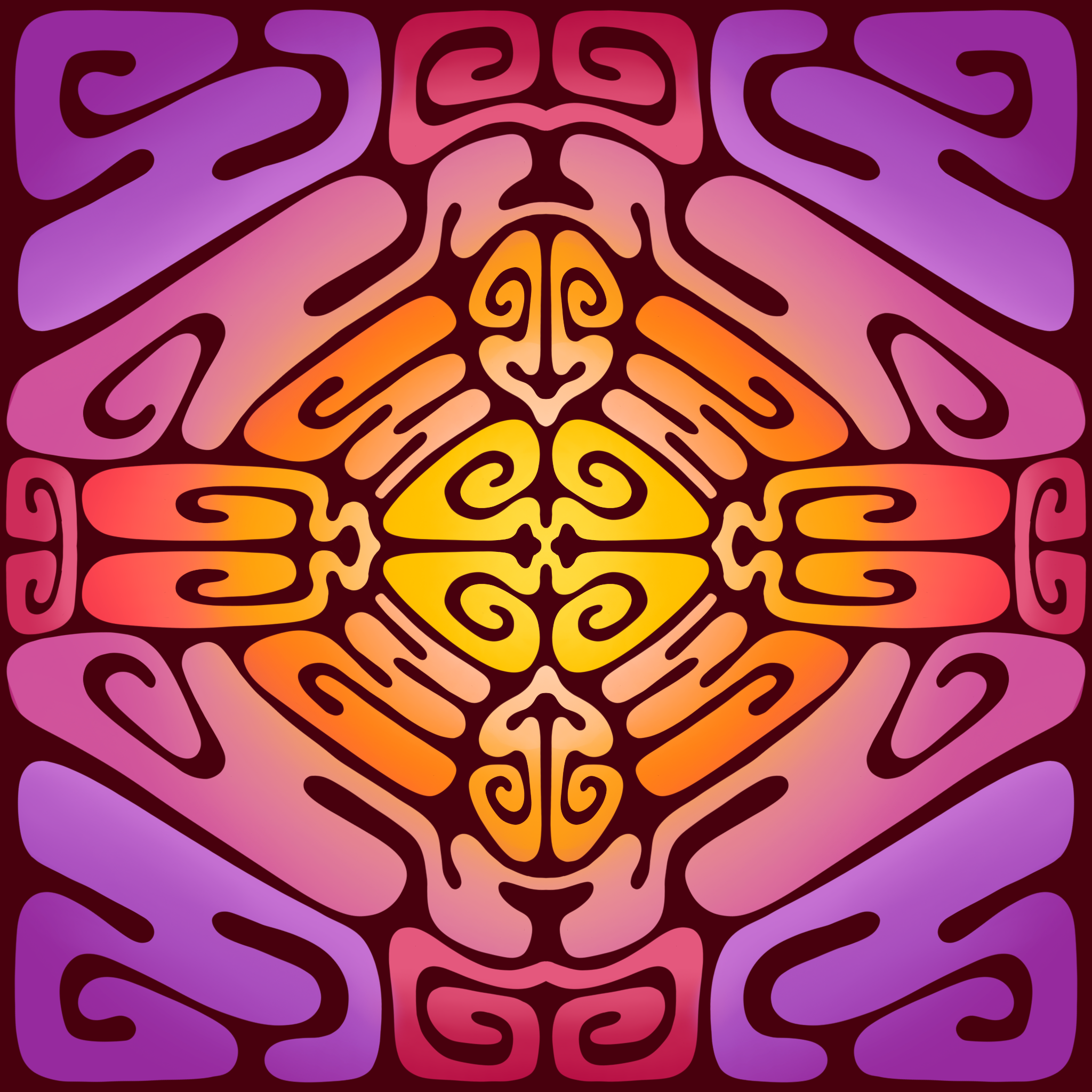 Colorful abstract geometric pattern with swirling lines in purple, pink, orange, and yellow