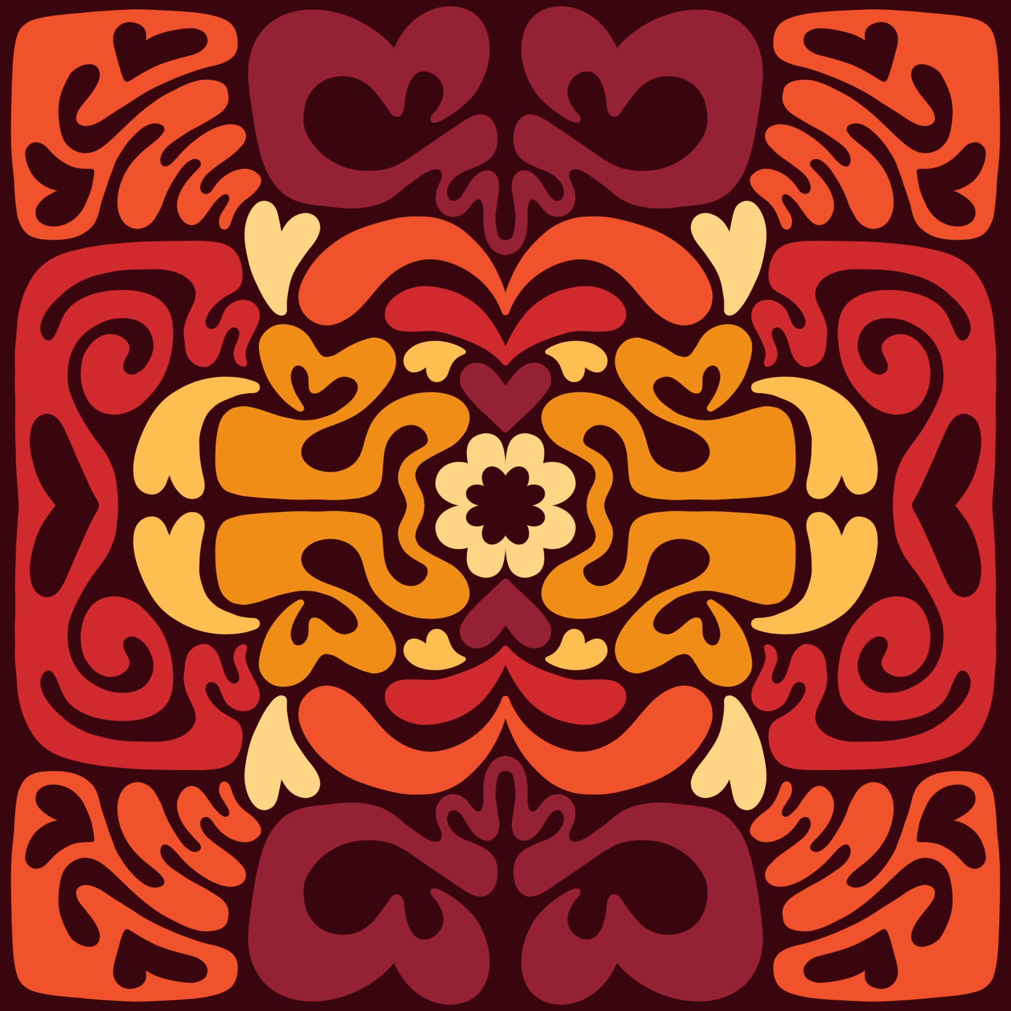 A colorful, symmetrical pattern with heart and floral shapes in shades of orange, red, yellow, and purple.