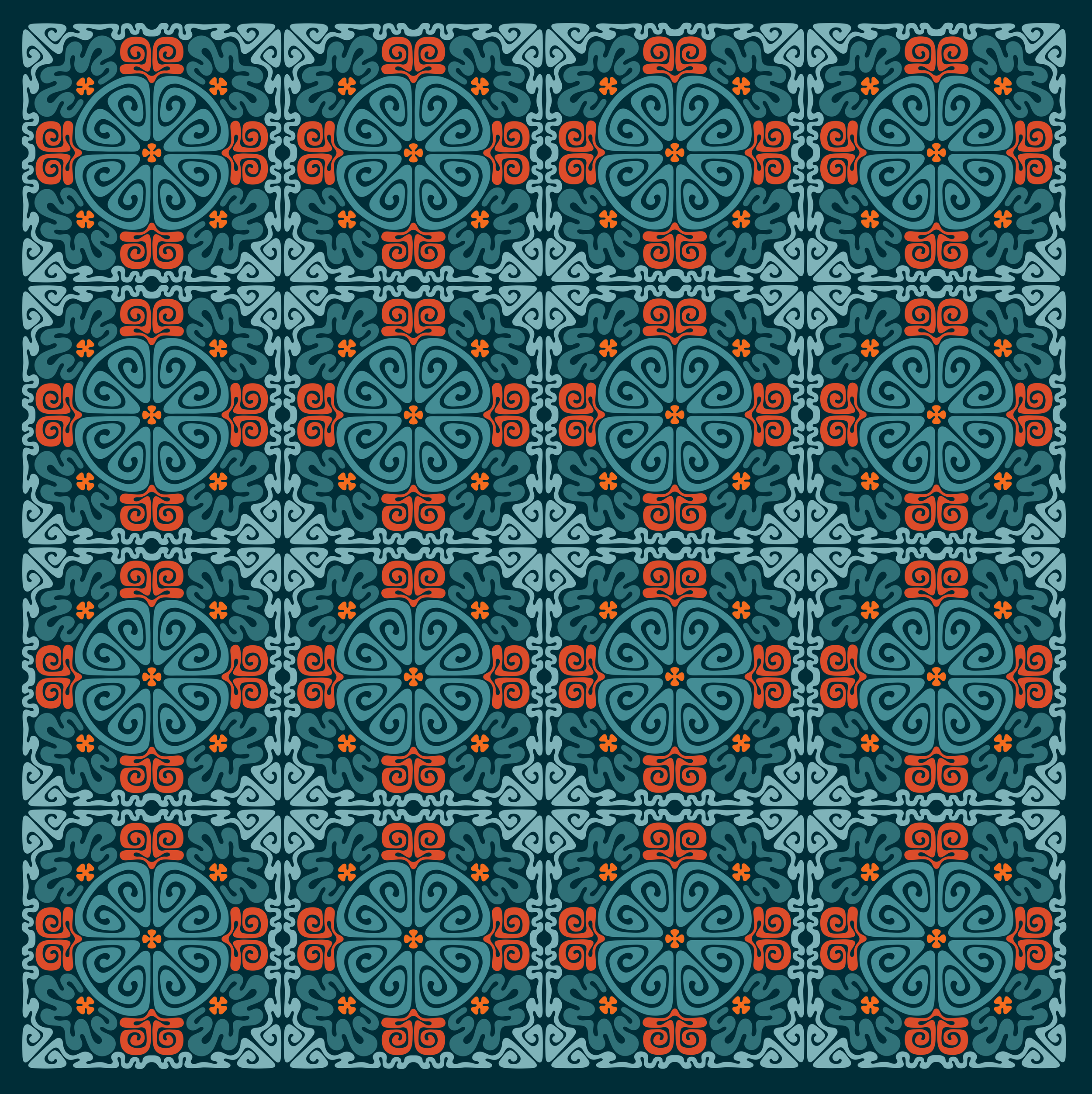 Pattern of interconnected squares featuring blue, red, and gray intricate geometric designs resembling tiles.