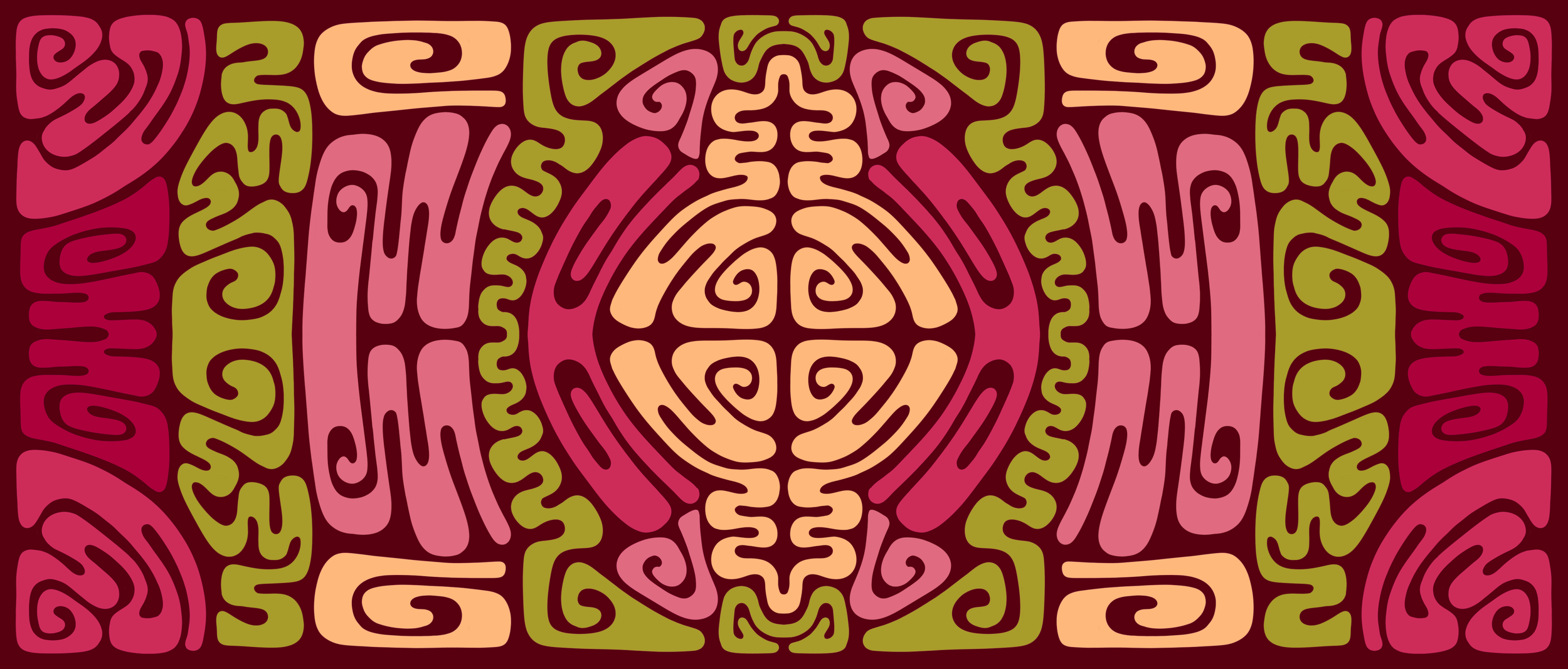 Colorful tribal-inspired pattern with symmetrical swirling shapes in shades of pink, green, peach, and dark red.