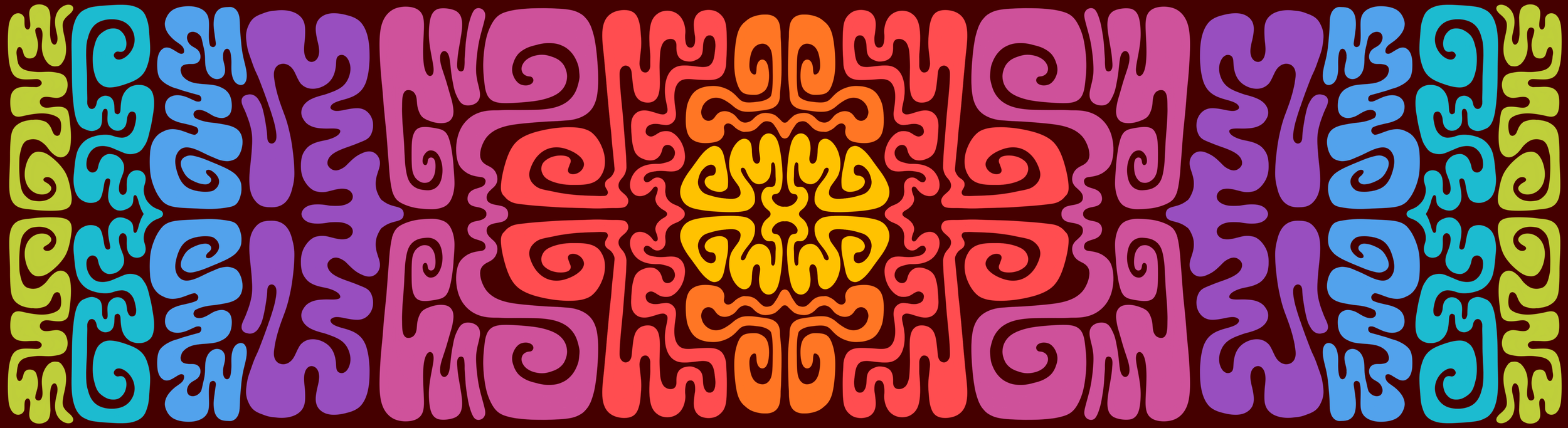 Colorful, symmetrical tribal pattern with intricate swirls and shapes in rainbow colors, including green, blue, purple, pink, red, orange, and yellow.