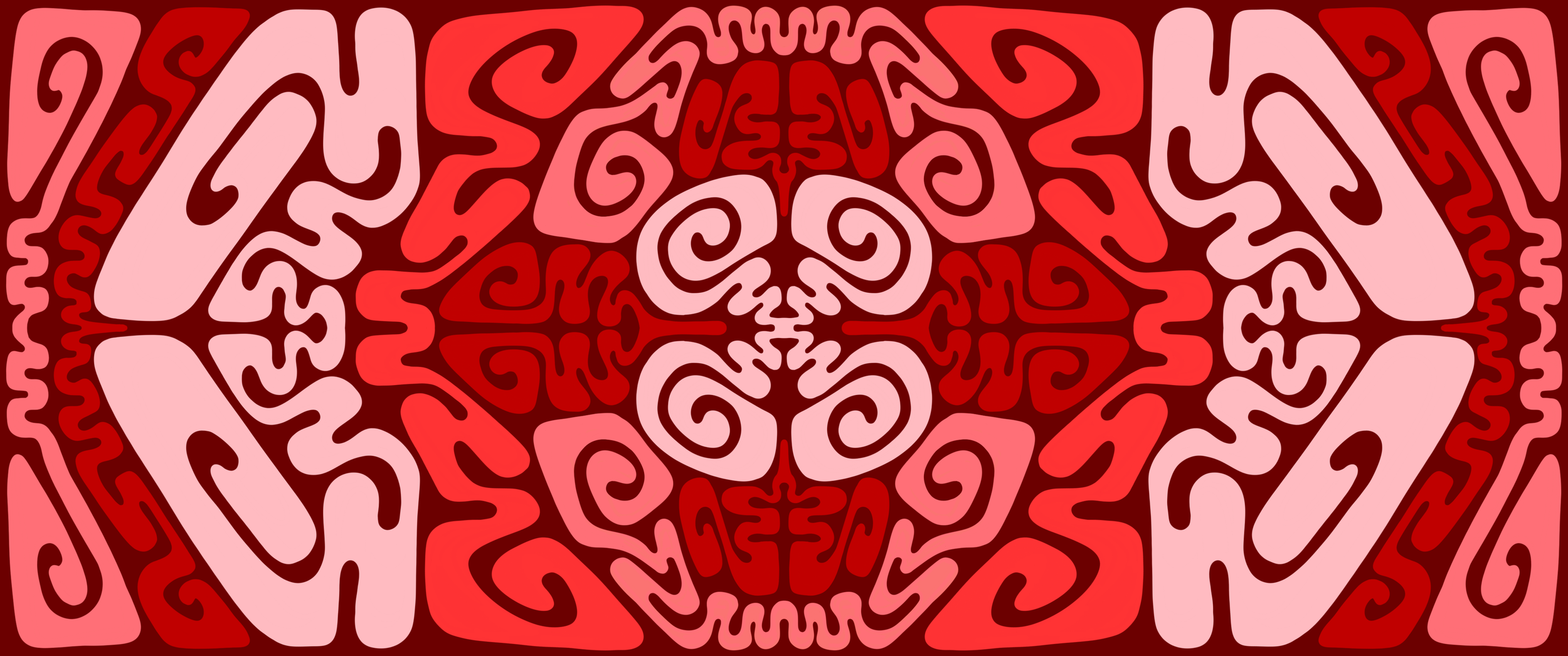 Abstract symmetrical pattern featuring swirling lines and shapes in shades of red, pink, and dark maroon.
