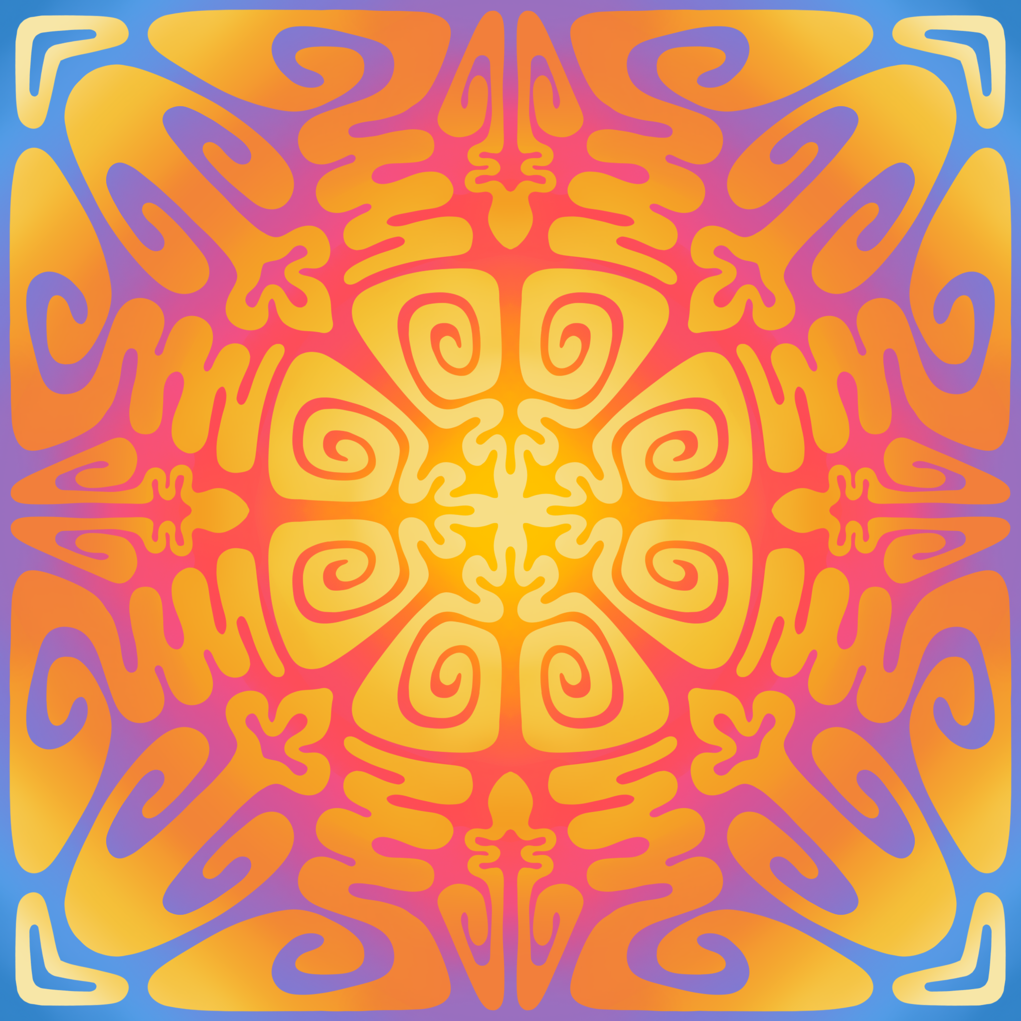 A colorful, intricate symmetrical pattern with swirling lines and shapes in shades of orange, yellow, purple, and pink, resembling an abstract mandala or kaleidoscopic design.