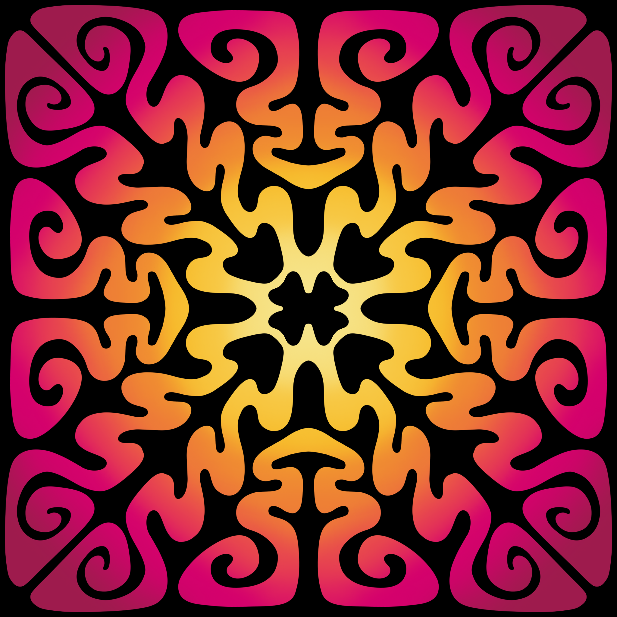 Colorful abstract symmetrical pattern with black background, pink, yellow, and orange swirling shapes.