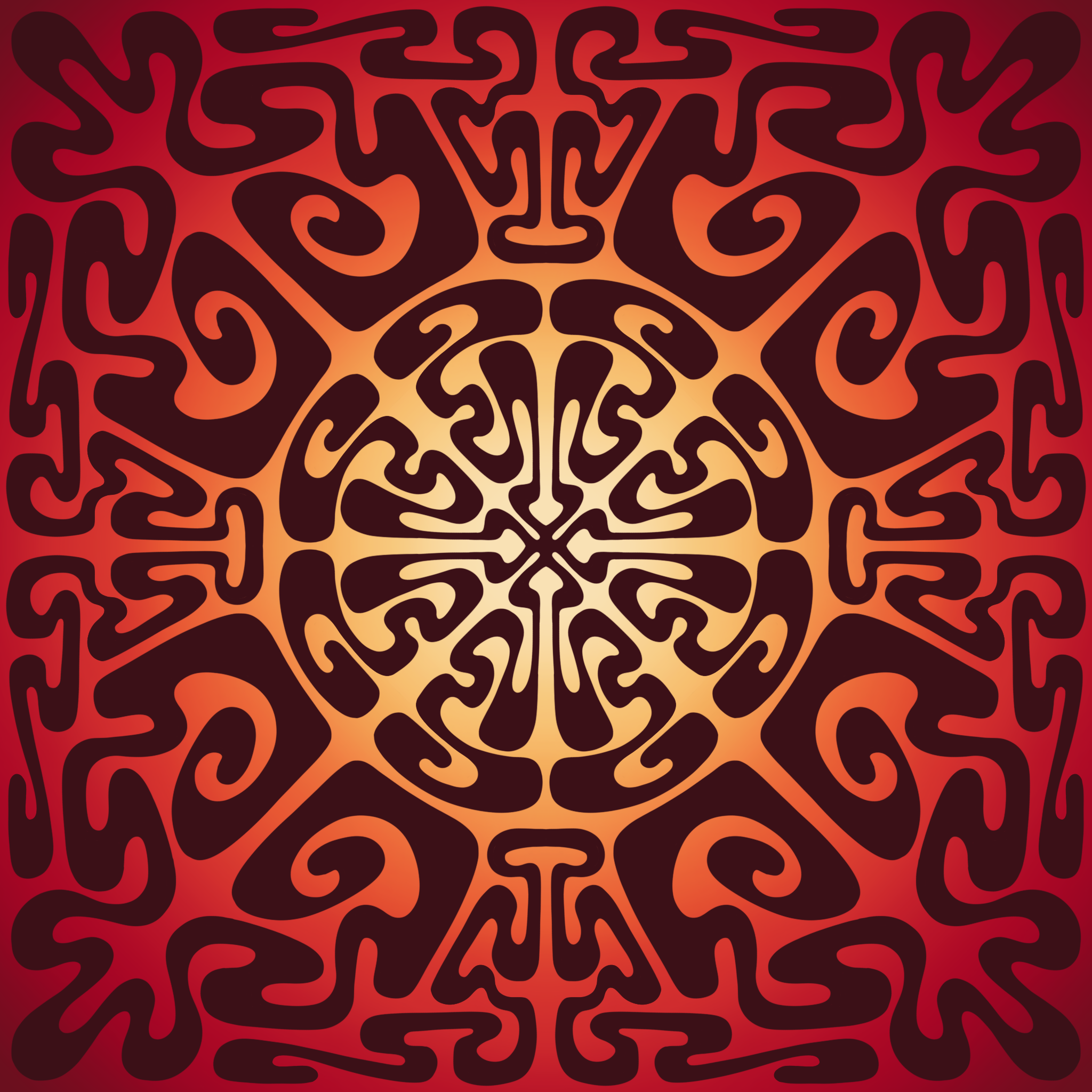 A symmetrical, abstract pattern with black lines on a red and orange gradient background, forming a maze-like design.