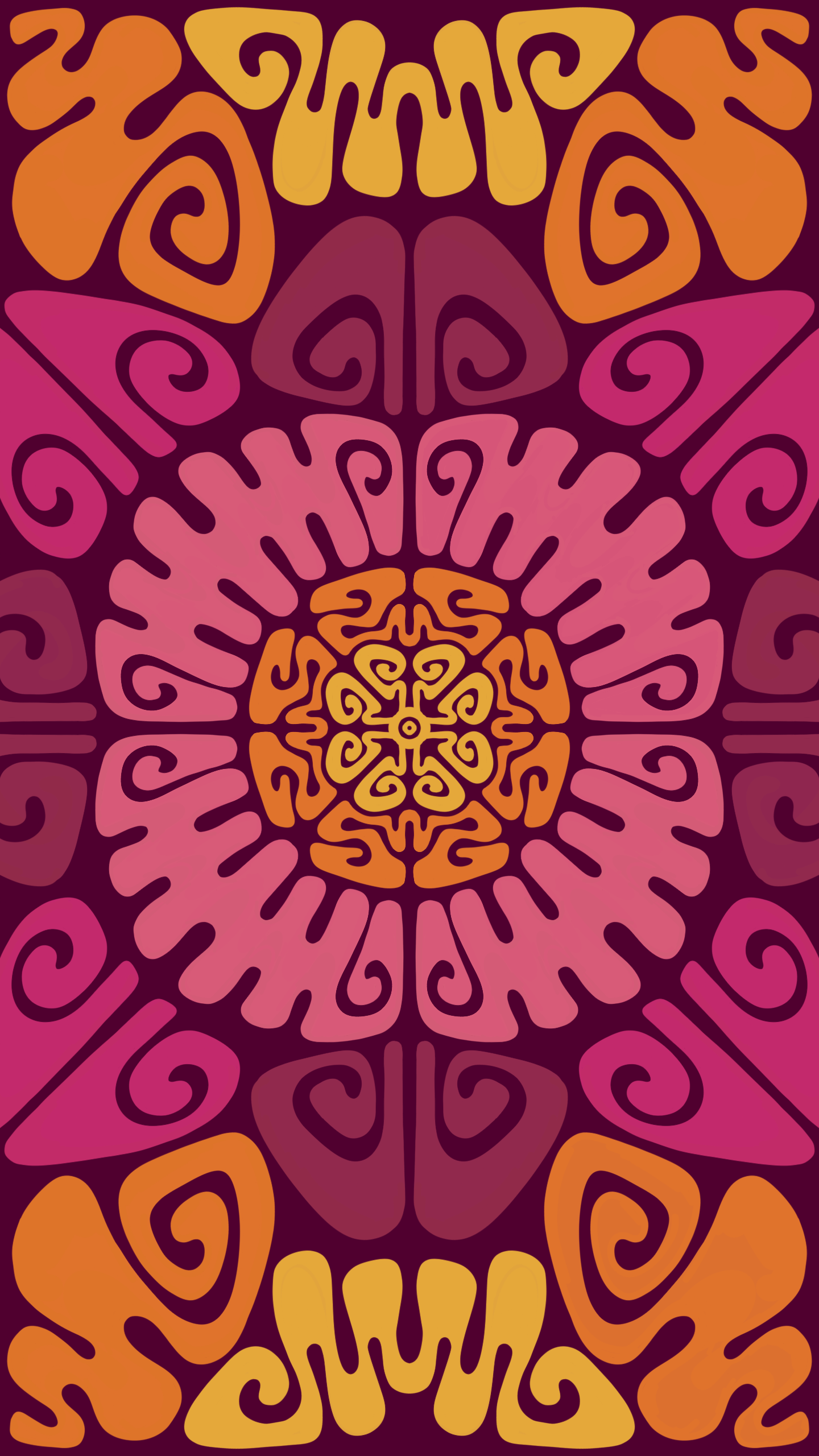 Colorful symmetrical abstract pattern with swirls and shapes in pink, orange, yellow, and purple.