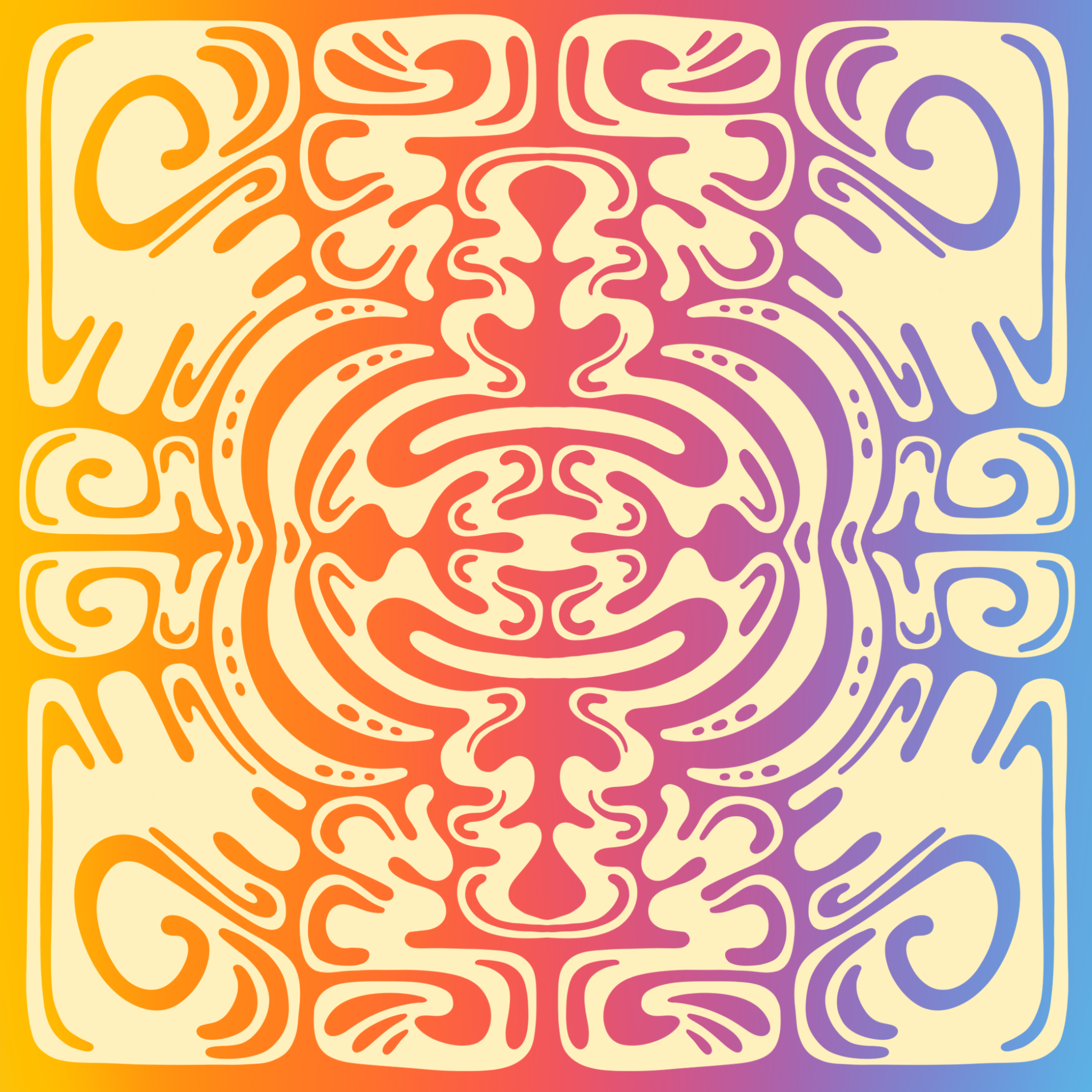 Colorful, abstract symmetrical tiger face design with gradient orange, pink, purple, and blue background.