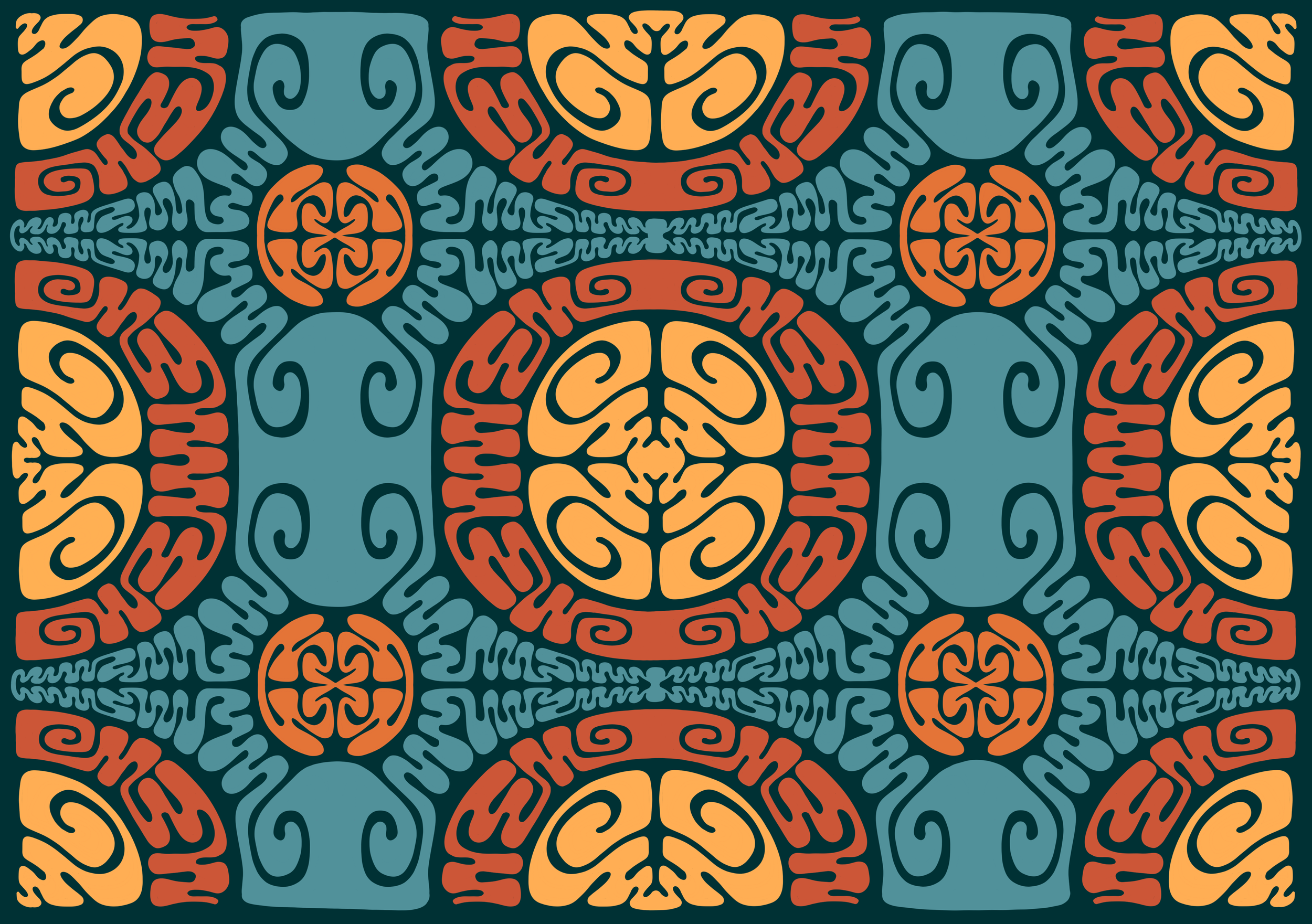 A colorful, symmetrical, abstract tribal pattern with orange, yellow, red, and teal elements.