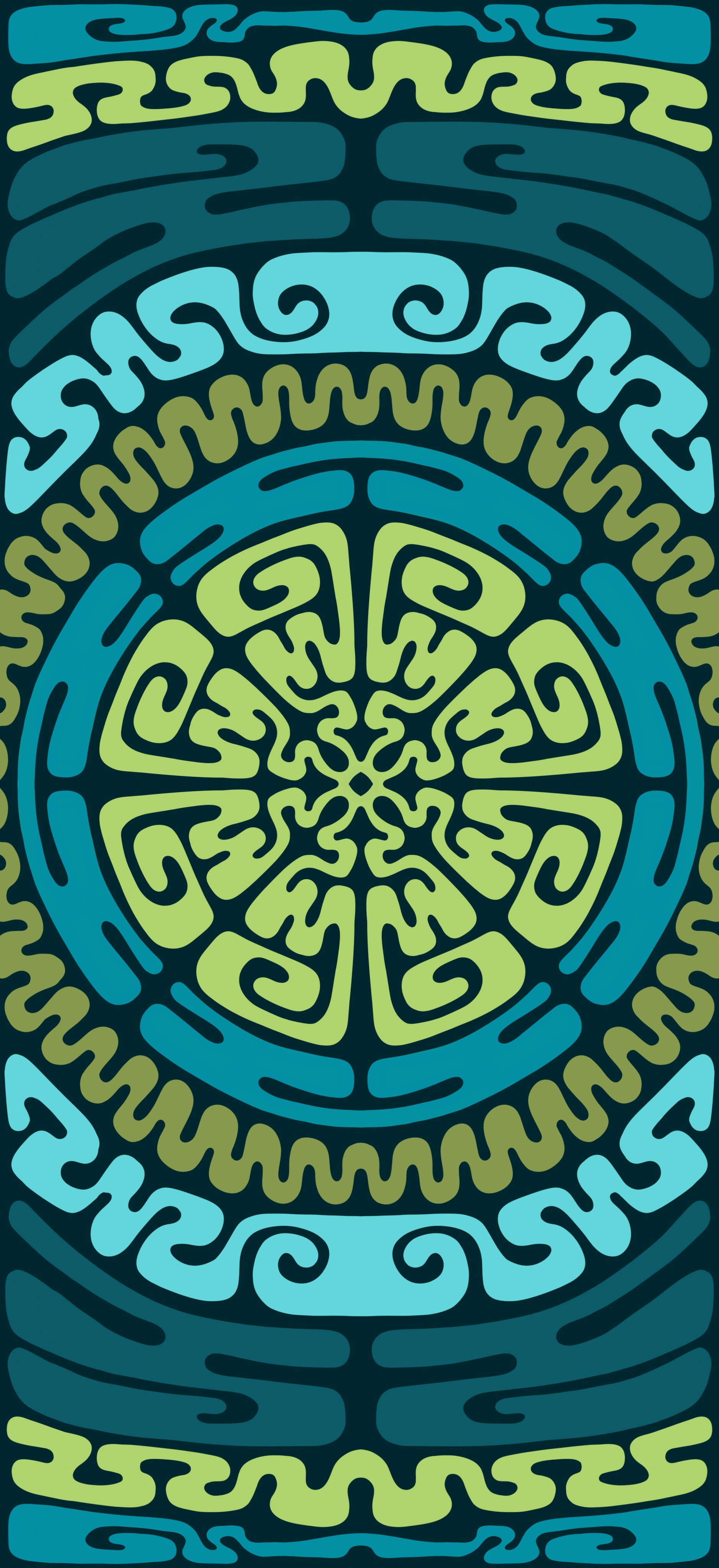Abstract colorful pattern with circular and maze-like designs in shades of green, blue, and teal.