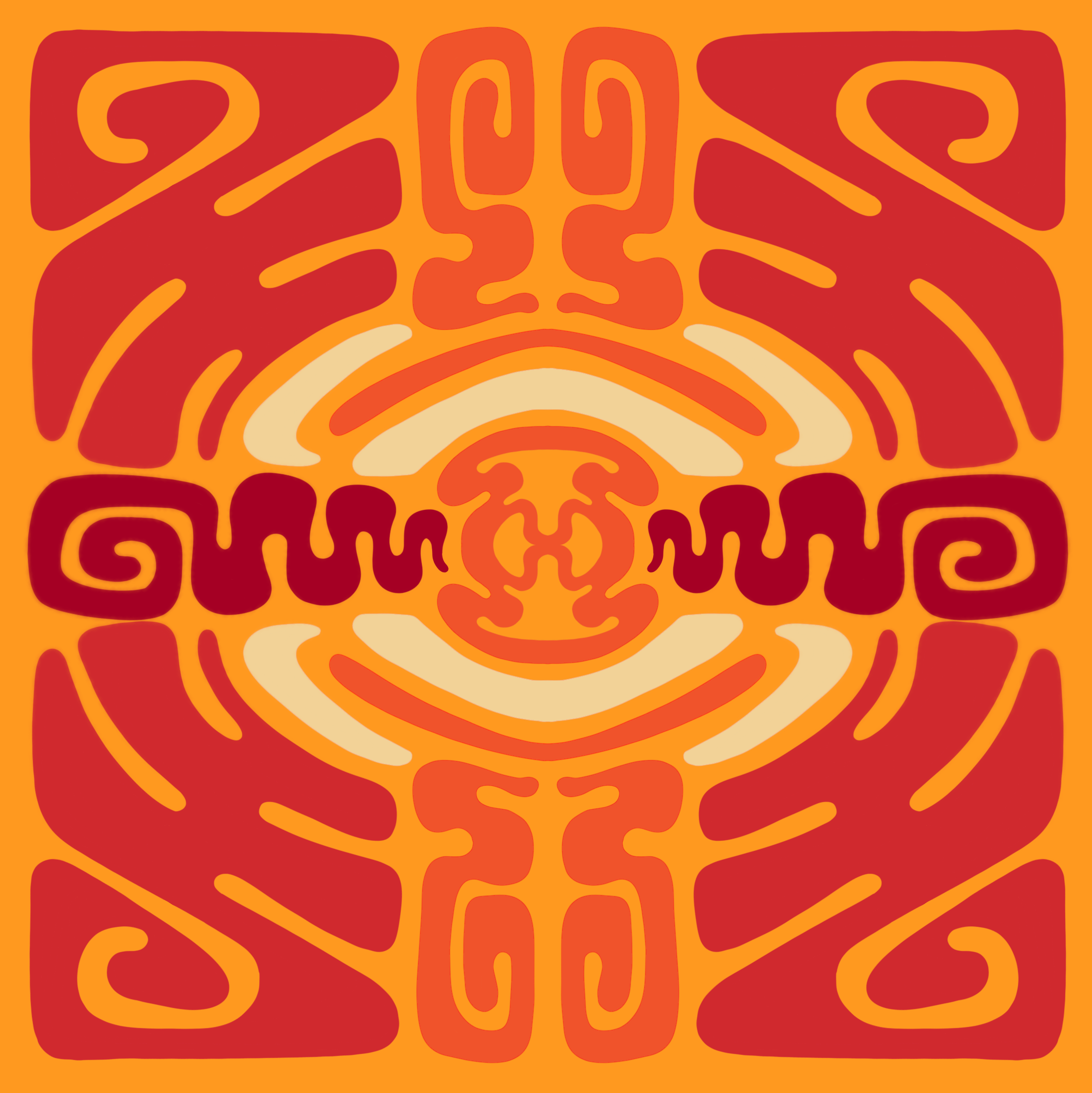 Abstract tribal art pattern with orange, red, and beige colors, featuring symmetrical swirling and geometric shapes.