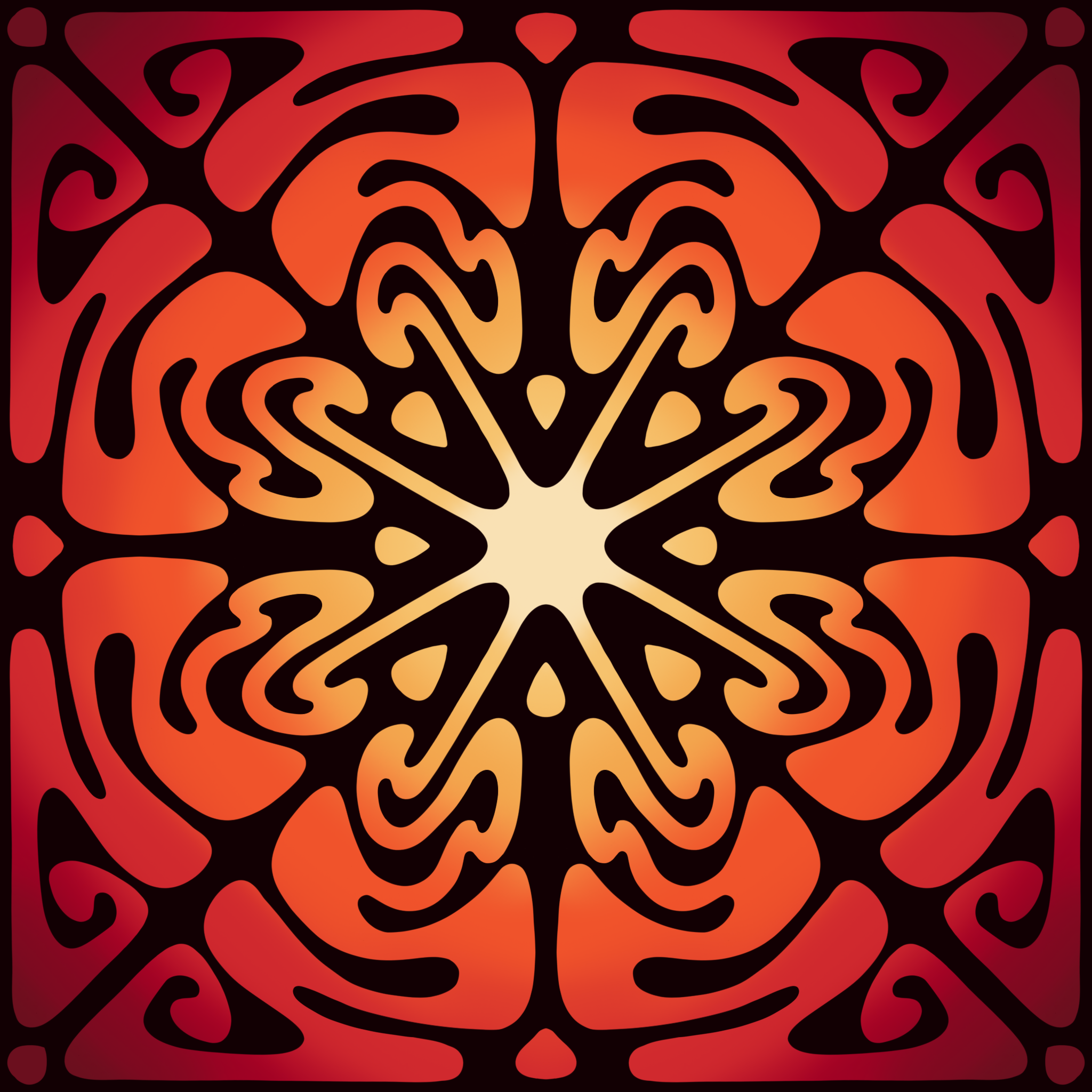 A symmetrical, intricate pattern with warm gradient colors ranging from cream to deep red, featuring black outlines and abstract floral or leaf-like designs in a repeating star-shaped formation.