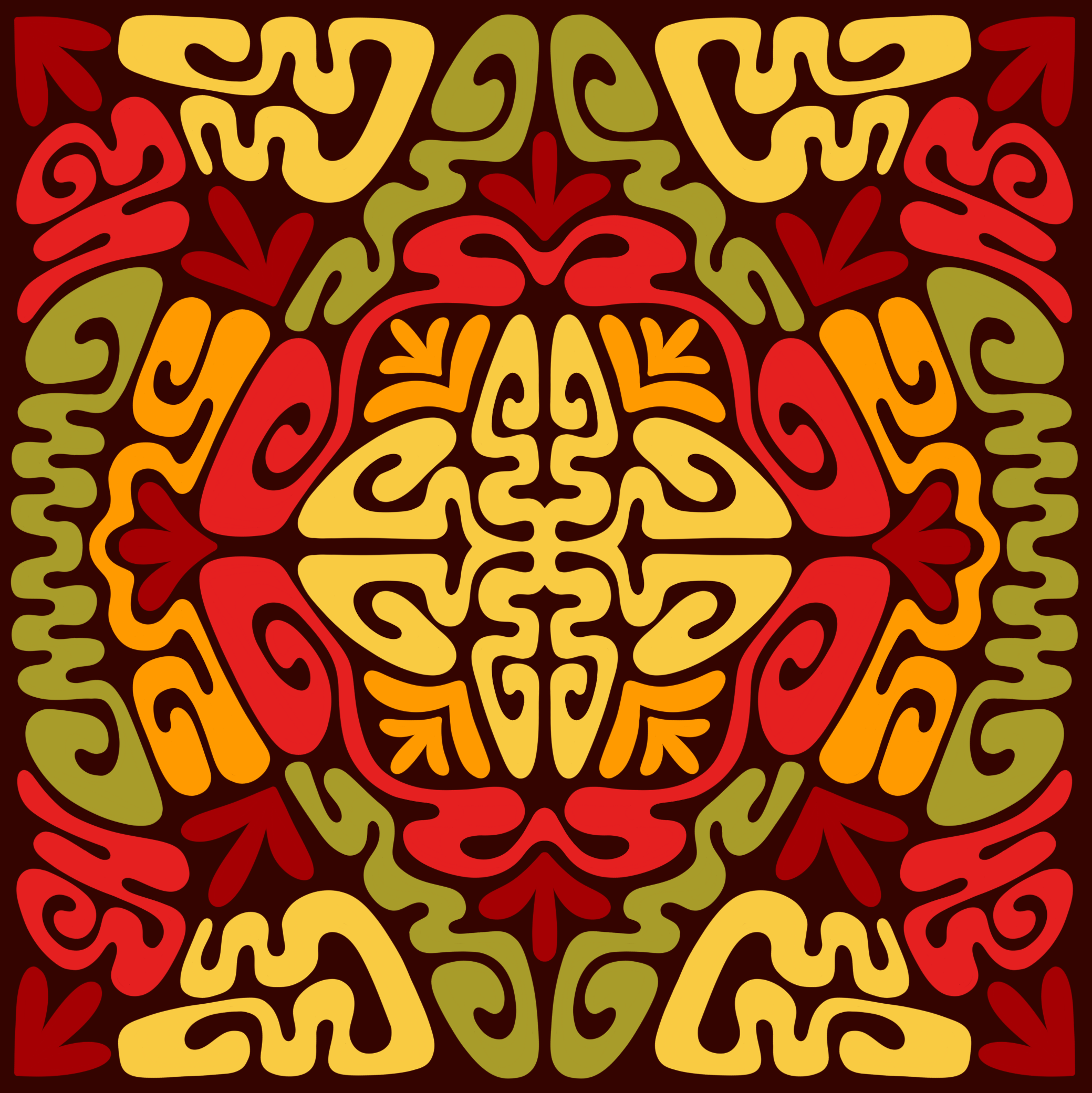 A colorful, symmetrical abstract pattern with red, yellow, orange, and green shapes on a dark background, resembling a stylized mandala or indigenous art design.