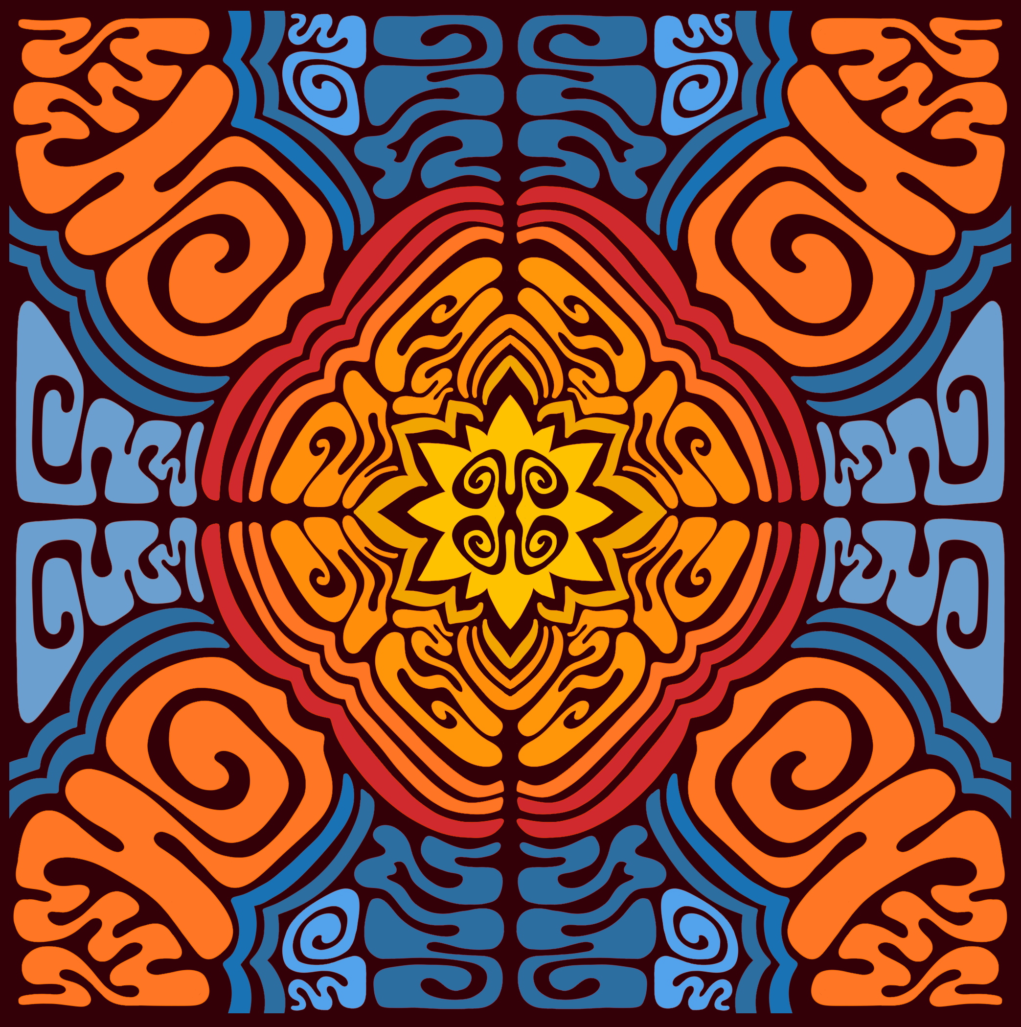 Symmetrical abstract design with swirling orange and red patterns on a black background, and blue intricate details at the edges.