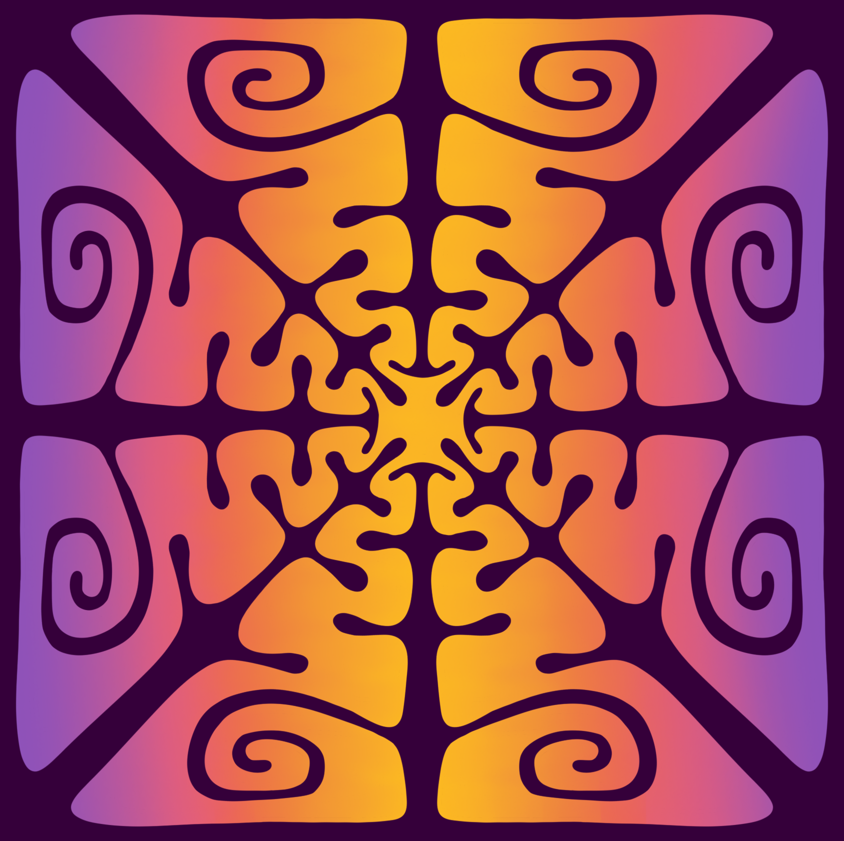 Symmetrical abstract pattern with vibrant orange, purple, and pink colors, featuring swirling and branching shapes.
