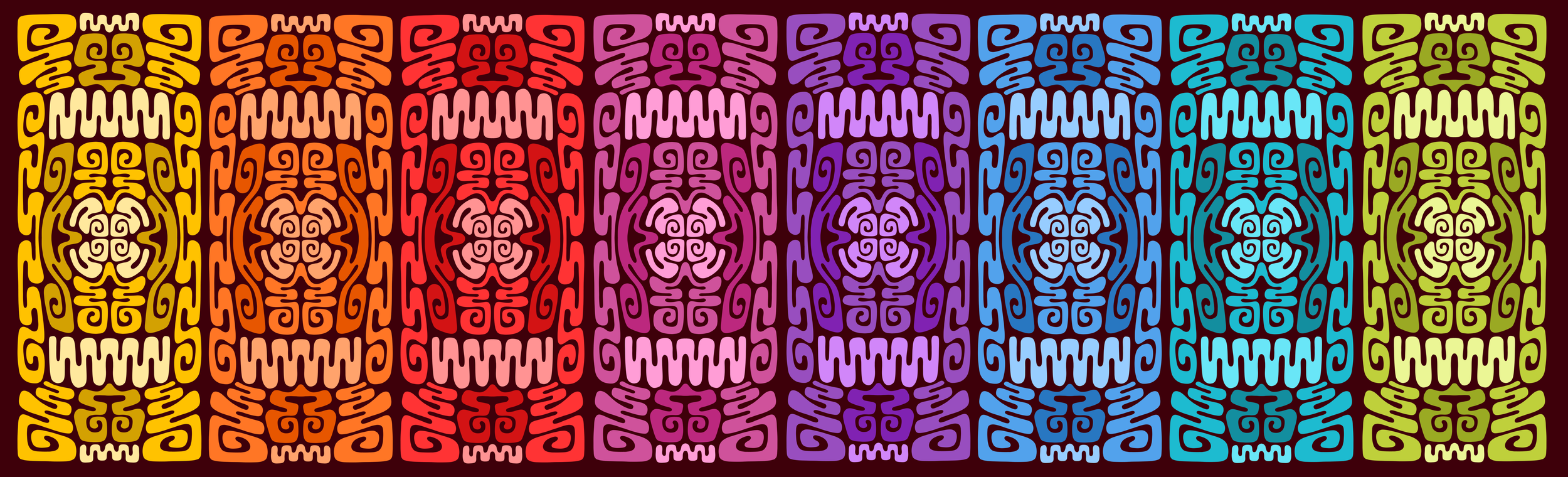 Colorful, repeating tribal mask pattern in yellow, orange, red, purple, blue, and green.