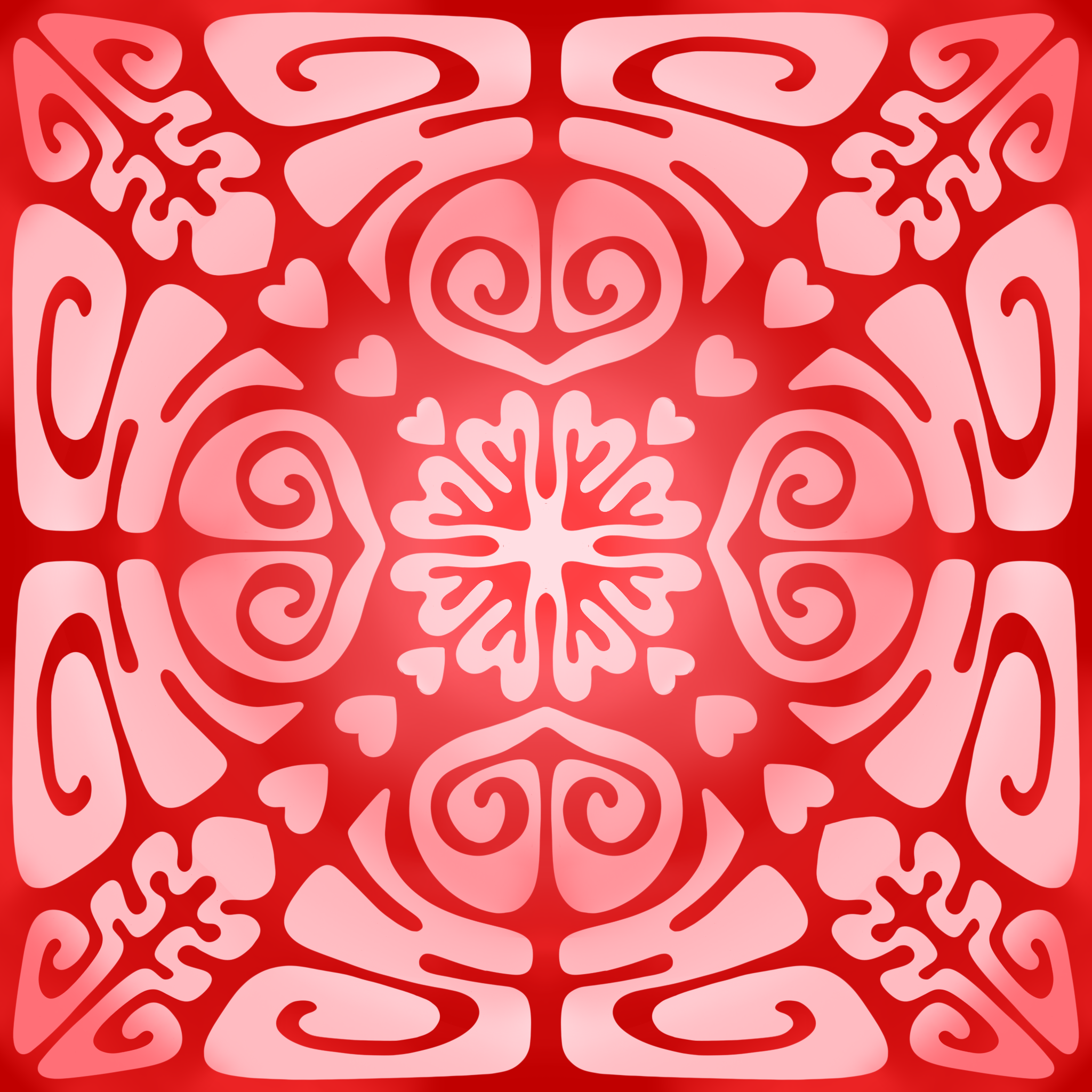 A symmetrical pattern with pink and red shapes, featuring hearts, swirls, and floral elements.