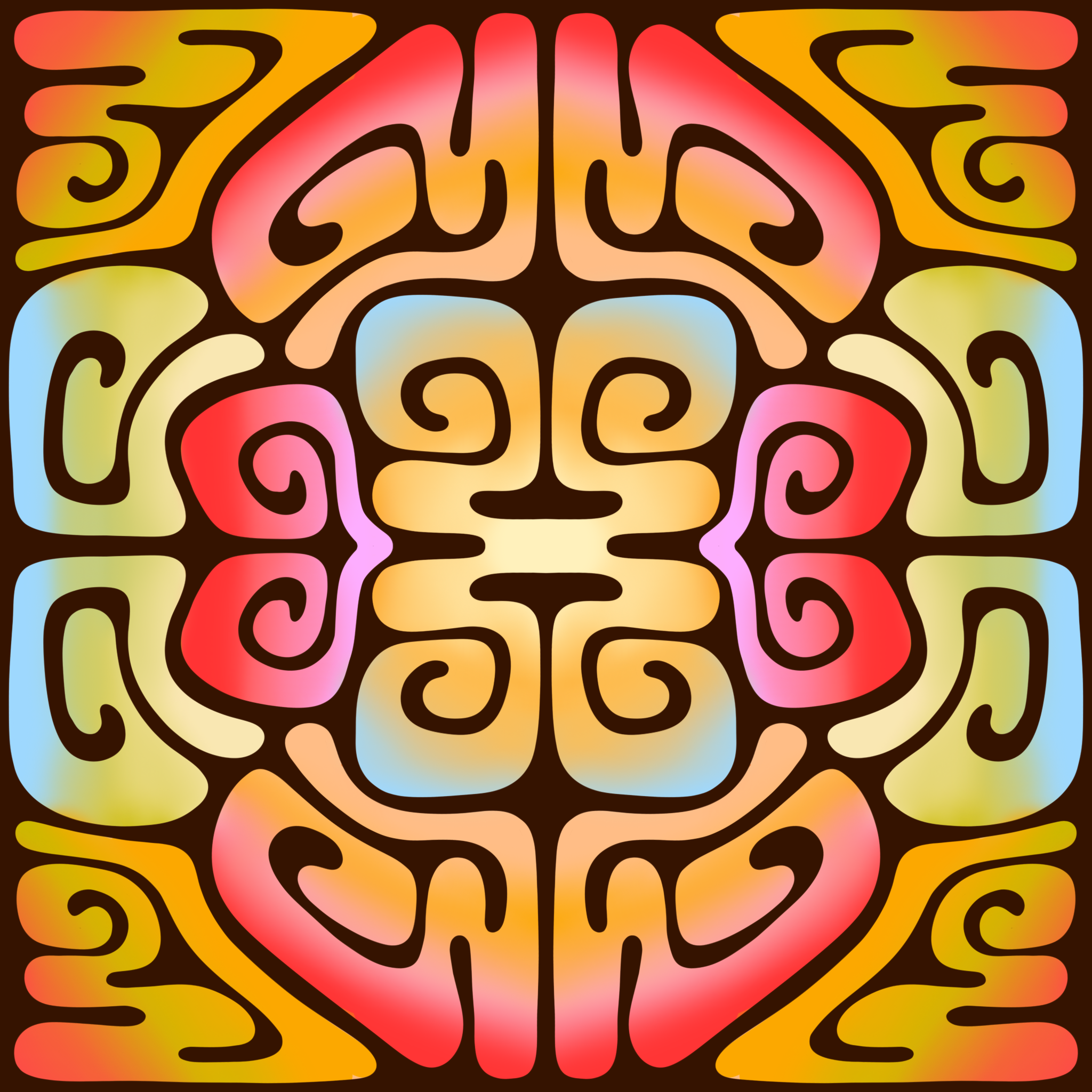 Colorful abstract pattern resembling a symmetrical tribal or indigenous design with swirling shapes in red, orange, yellow, pink, blue, and green, outlined in black on a dark background.