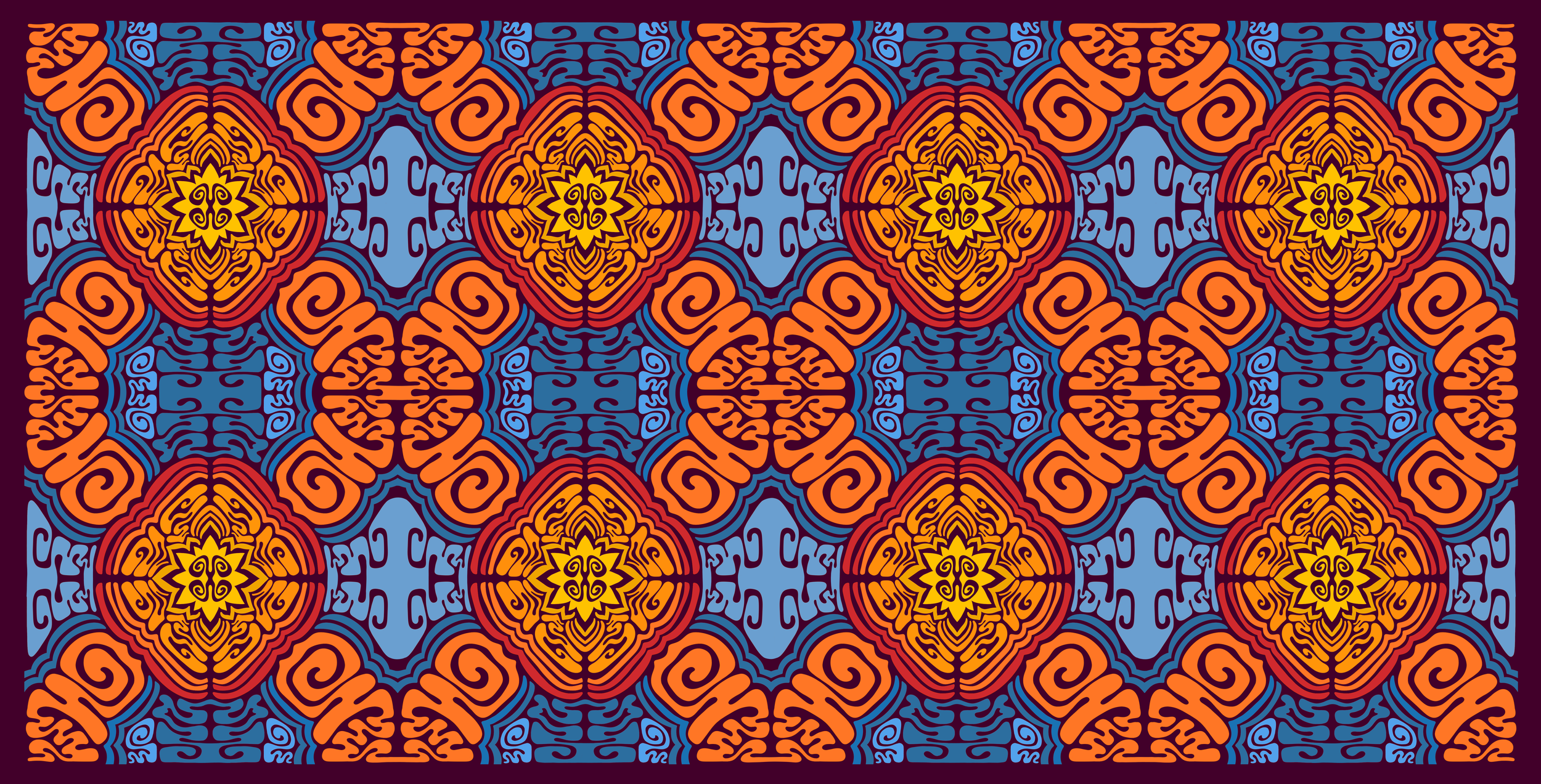 A colorful, intricate geometric pattern with repeating orange, red, yellow, and blue shapes, resembling a traditional textile or tile design.