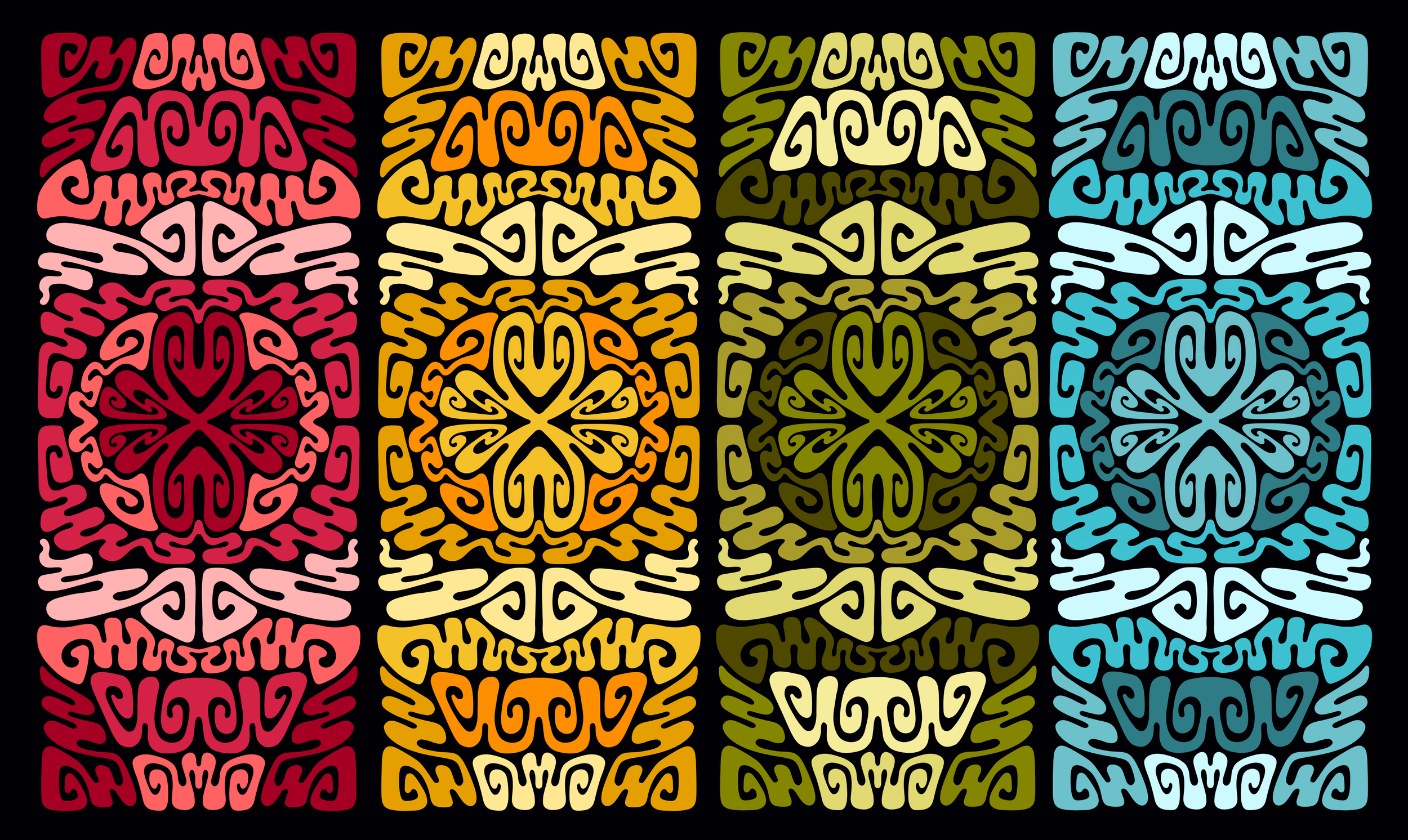 Colorful geometric tribal patterns in four vertical columns with black background.