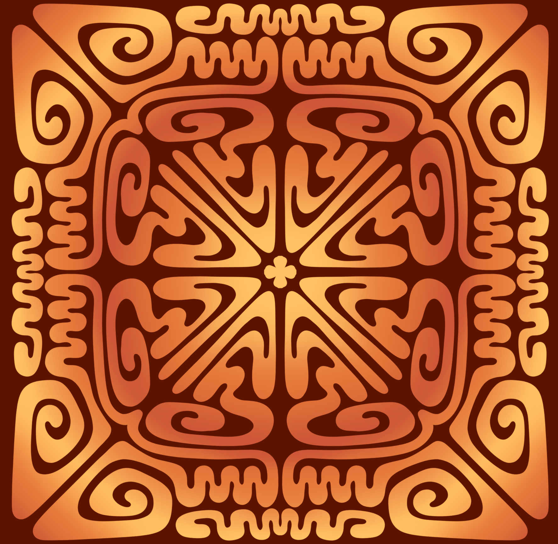 A symmetrical, intricate tribal or Polynesian style pattern in shades of orange and red, featuring swirling lines and geometric shapes.
