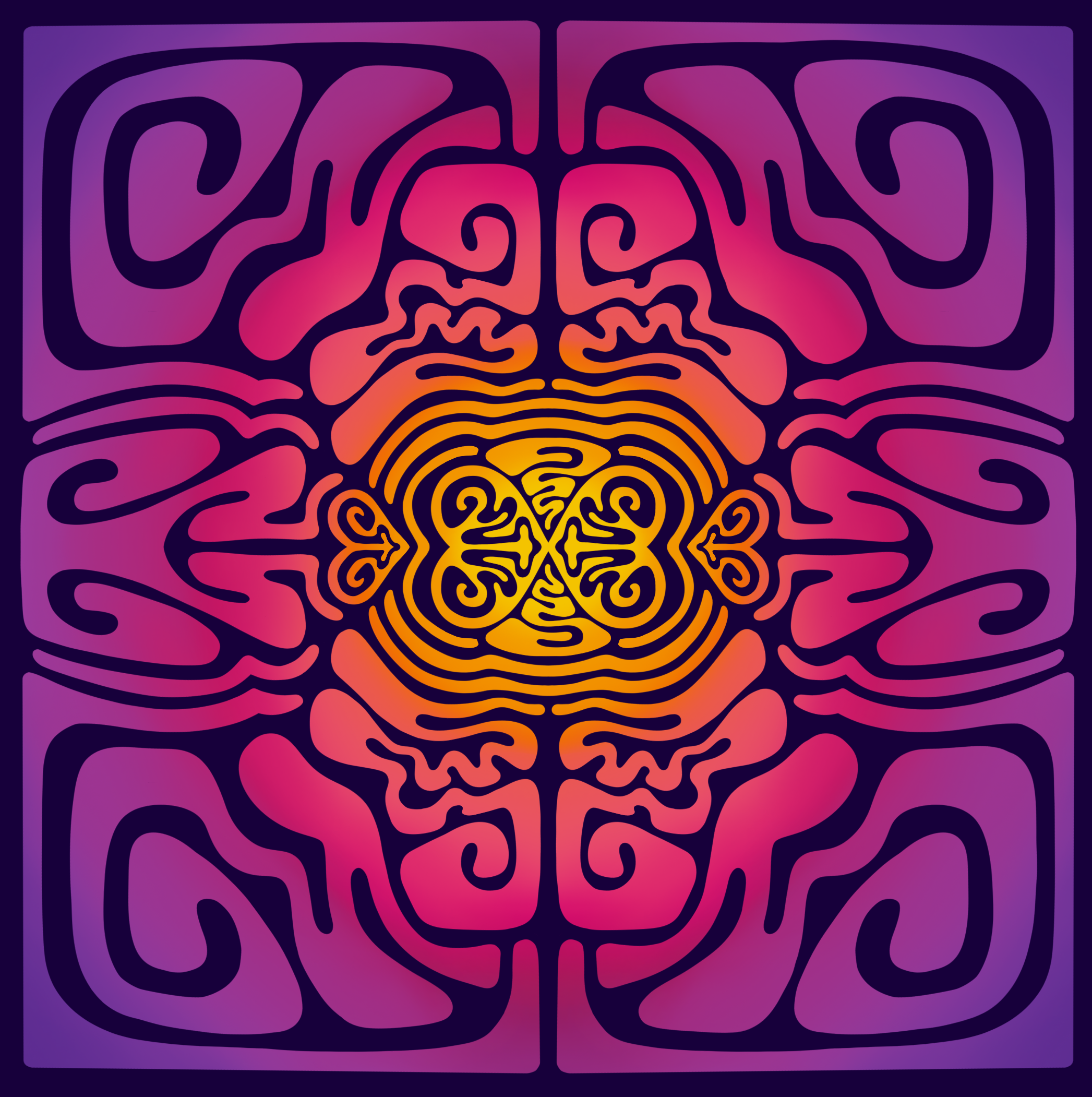Abstract symmetrical maze pattern with purple, pink, orange, and yellow colors.