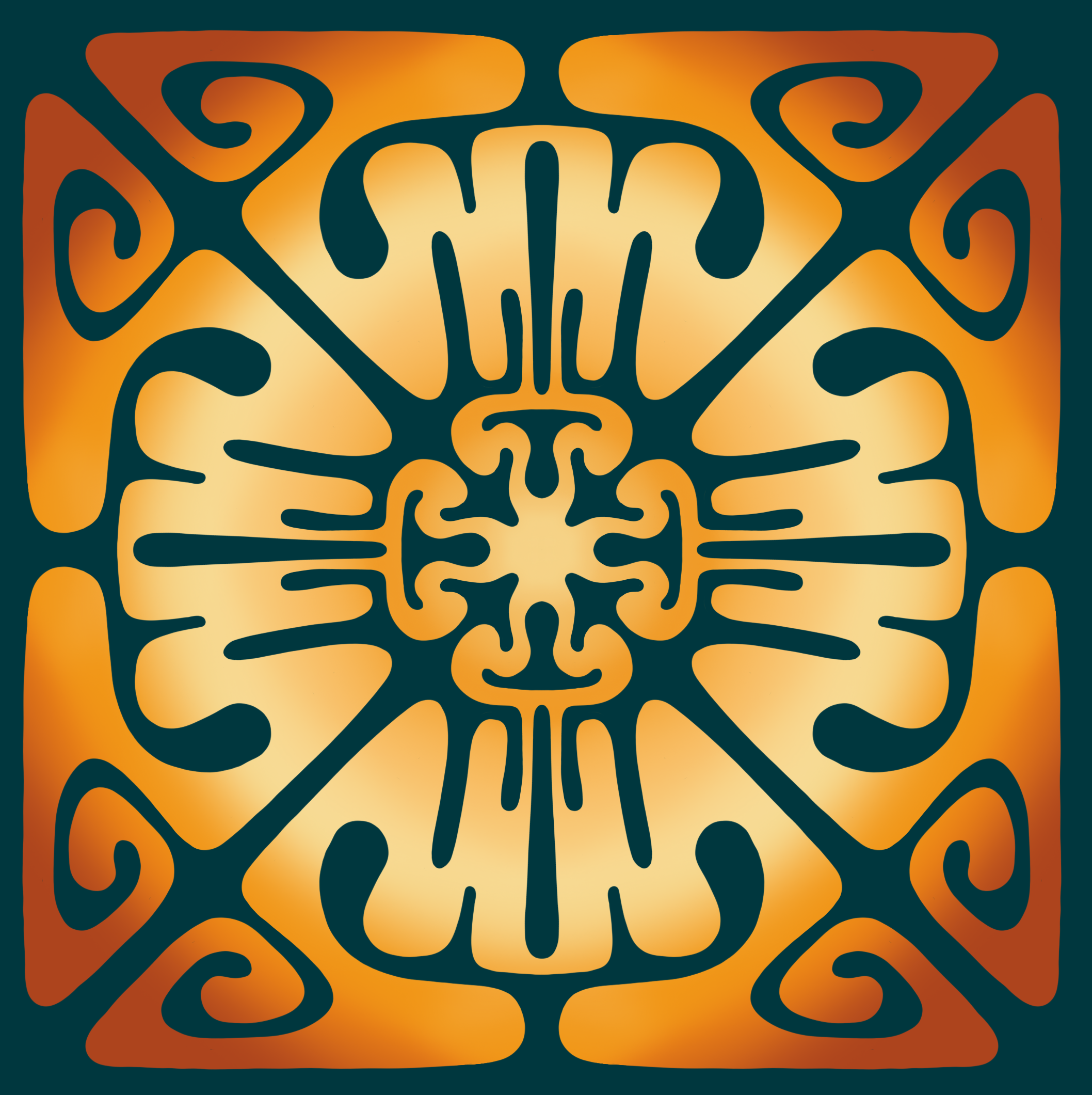 Decorative symmetrical pattern with swirling black lines and orange-yellow background in a square design.
