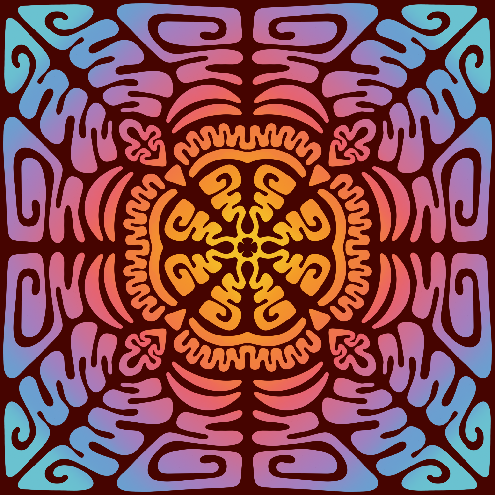 An abstract, symmetrical, colorful pattern with intricate, swirling designs in red, purple, blue, orange, and yellow.