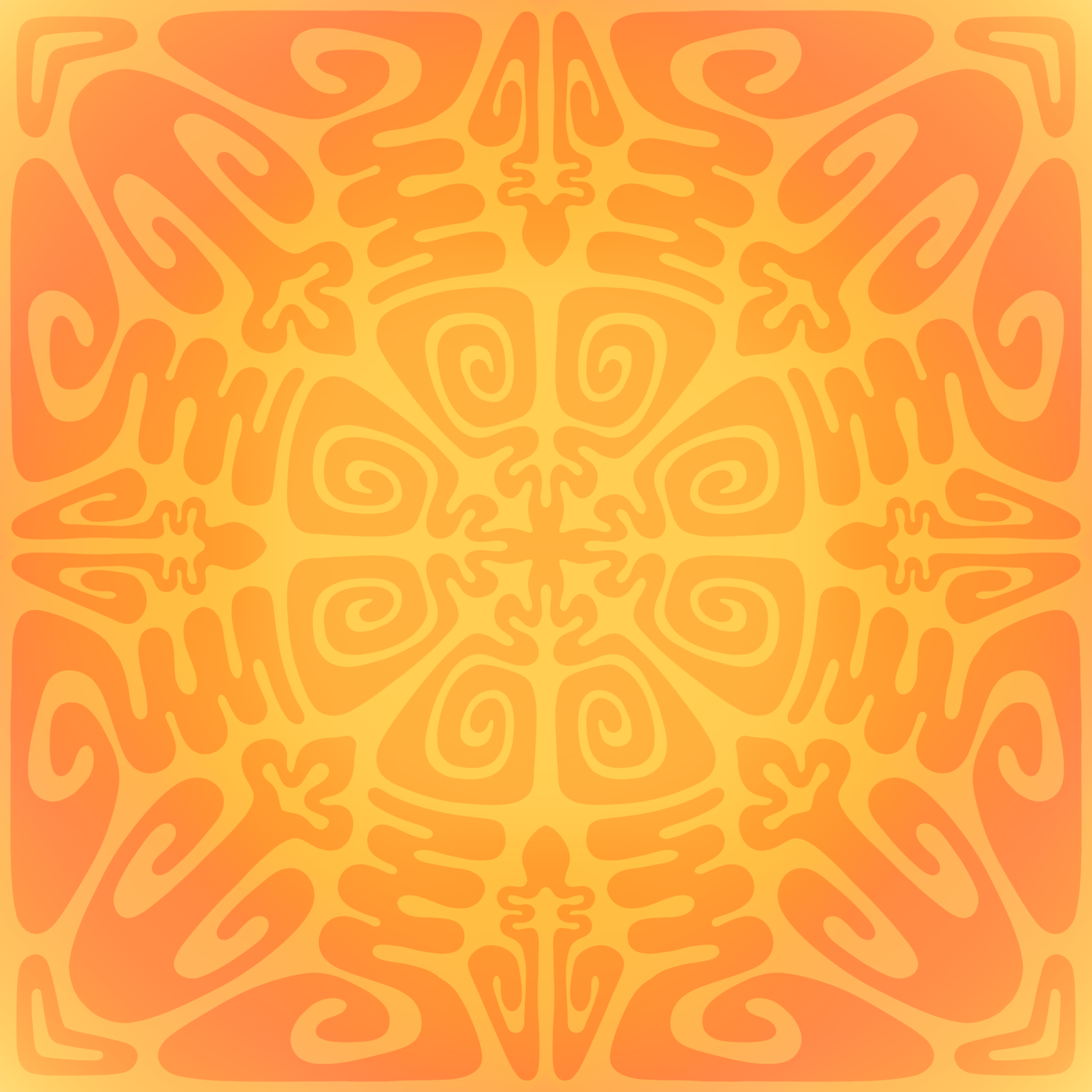 A symmetrical, abstract pattern in shades of orange and yellow, resembling a mandala or floral design.