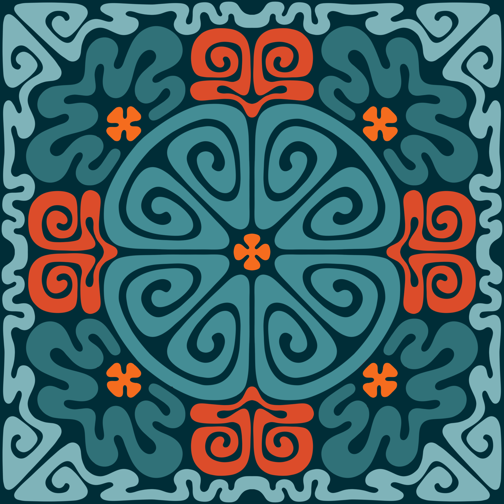 A symmetrical geometric design with a central flower motif surrounded by curly patterns in teal, orange, and dark blue colors.