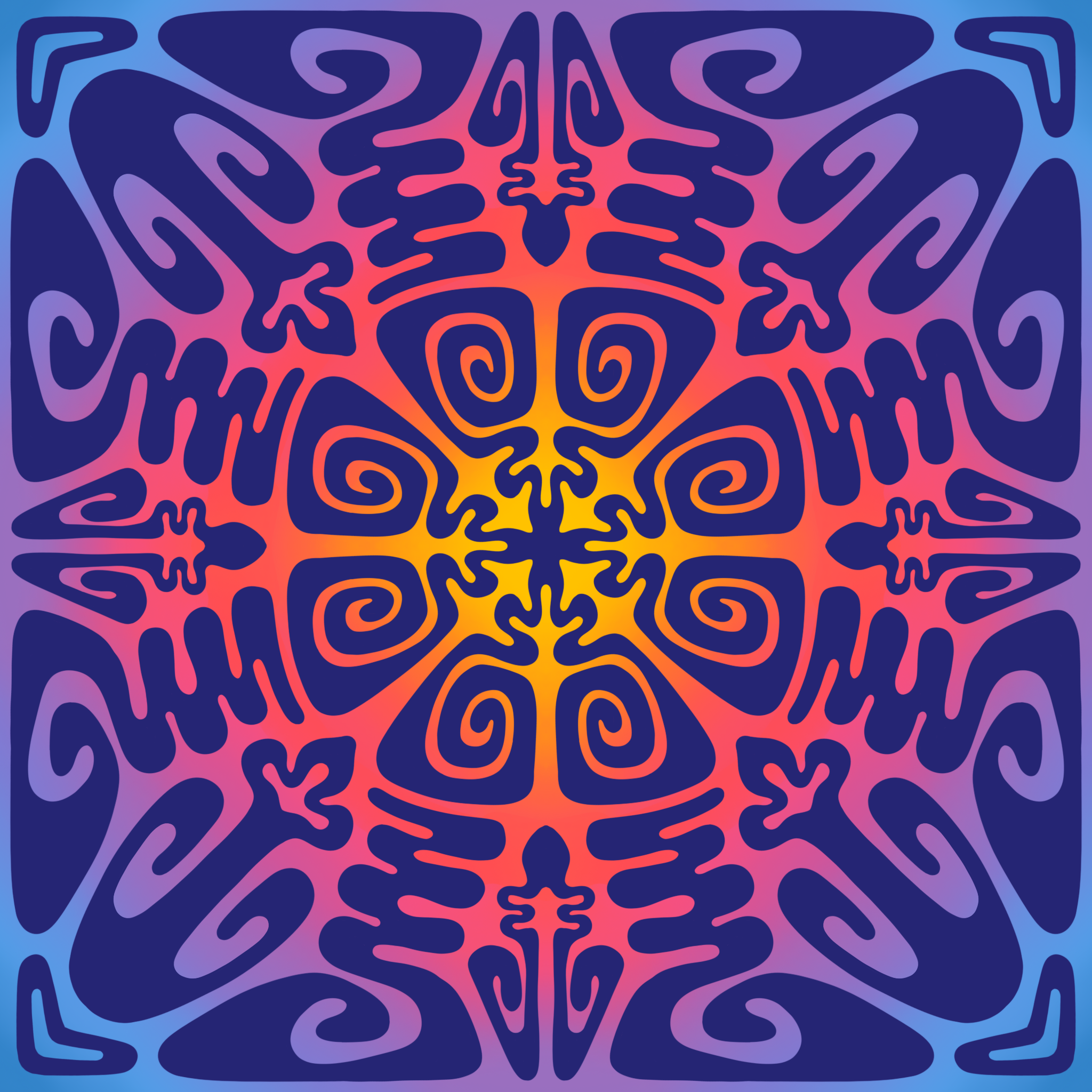 A vibrant symmetrical abstract pattern with swirling lines in shades of purple, pink, orange, and blue.