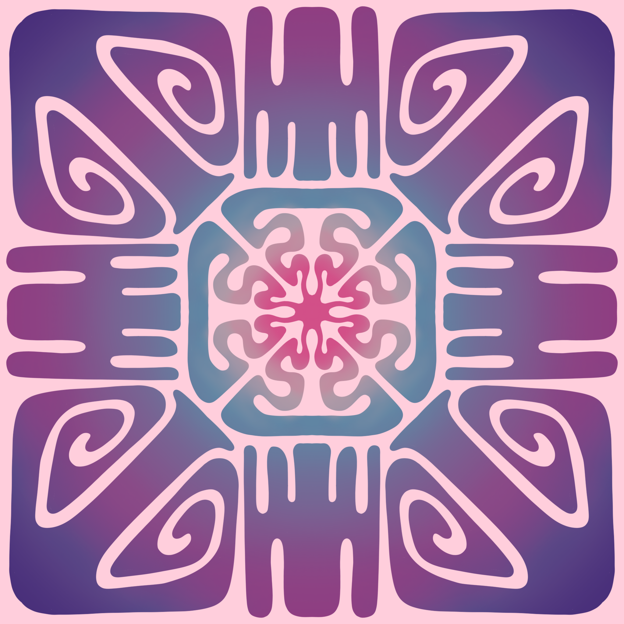 A symmetrical abstract pattern with floral and geometric elements in pink, purple, and blue tones.