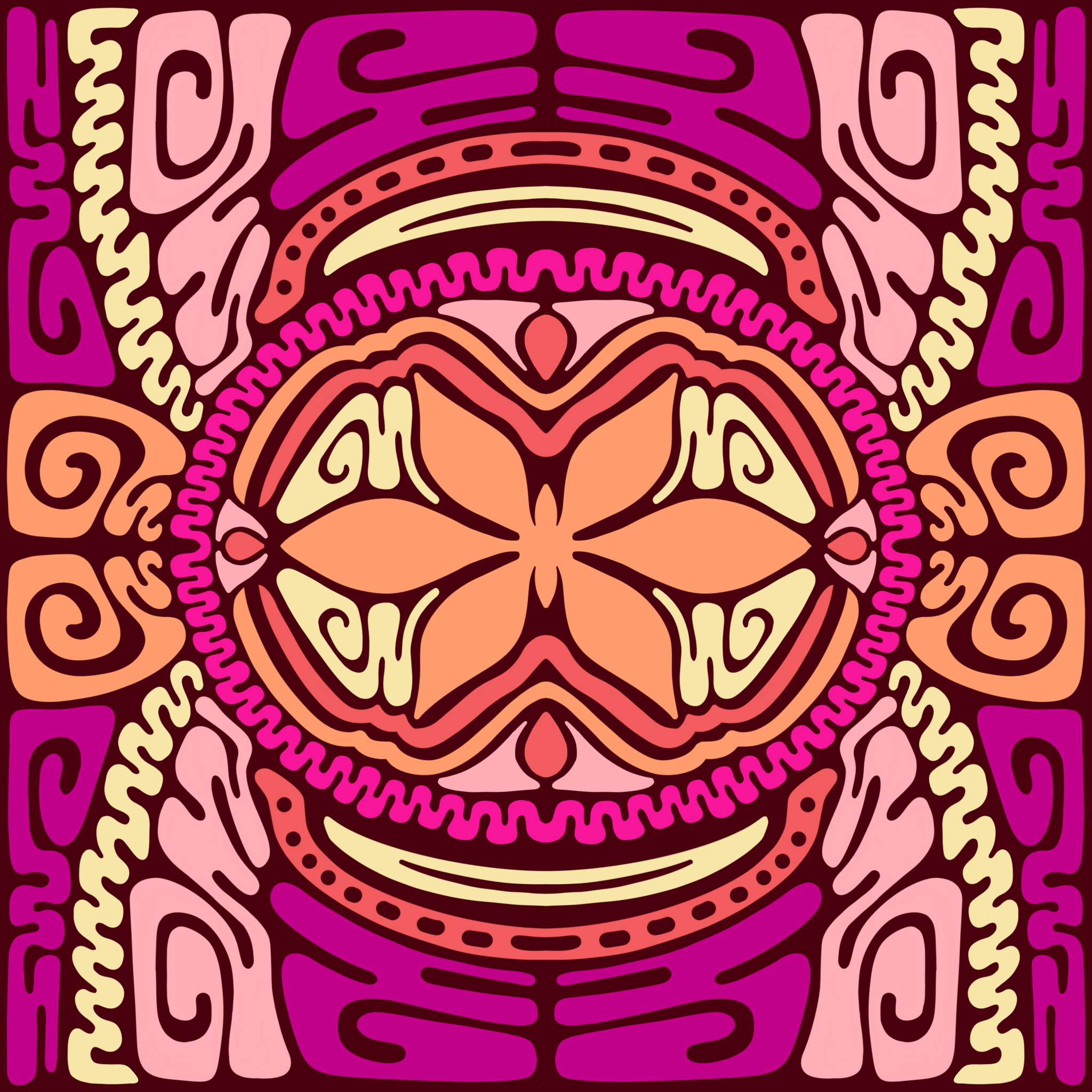 Colorful abstract symmetrical pattern with a butterfly-like shape in the center, surrounded by intricate swirling and geometric designs in shades of pink, orange, purple, and cream.