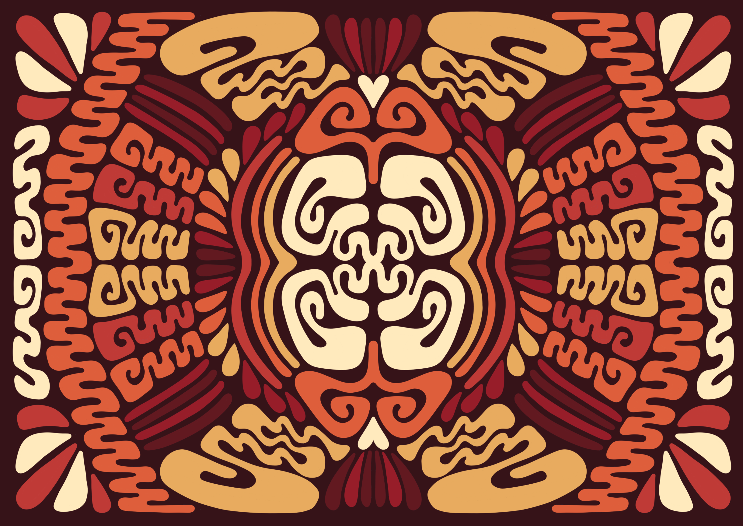 A colorful, symmetrical, abstract pattern resembling a stylized animal face with a central face-like design surrounded by various shapes and vibrant warm colors.