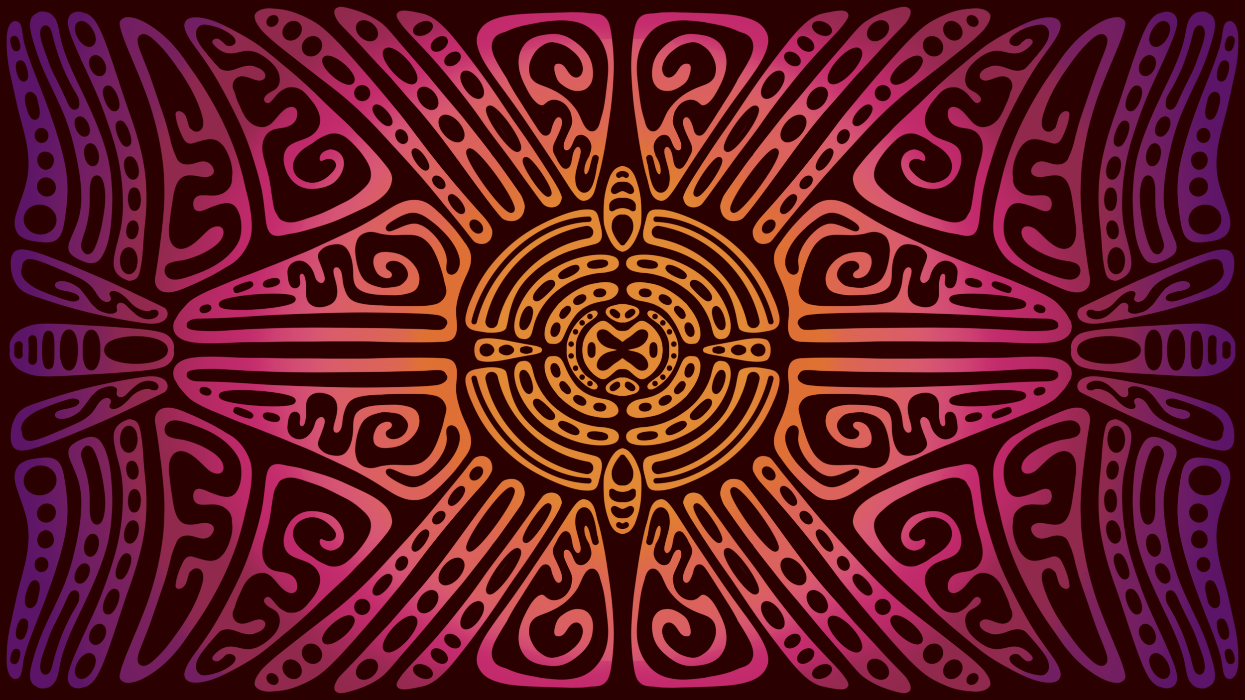 A symmetrical, abstract, mandala-like design with intricate patterns in shades of pink, purple, and orange on a dark background.