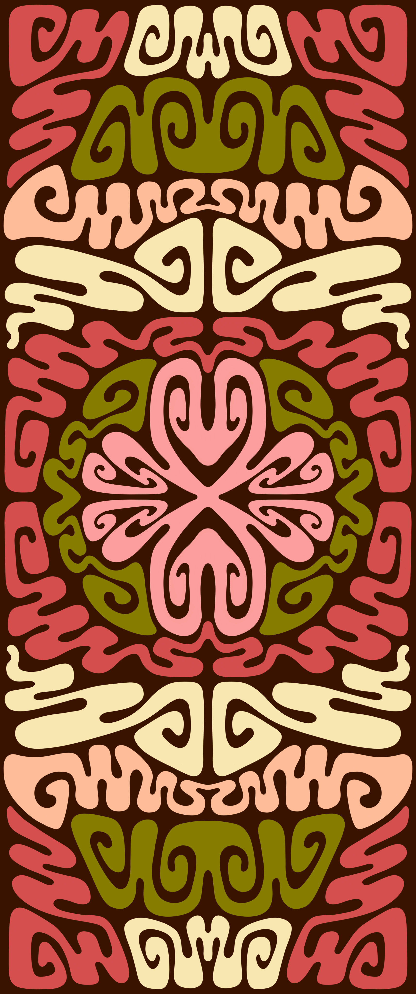 A colorful abstract pattern with symmetrical tribal-inspired shapes in shades of pink, green, cream, and burgundy.