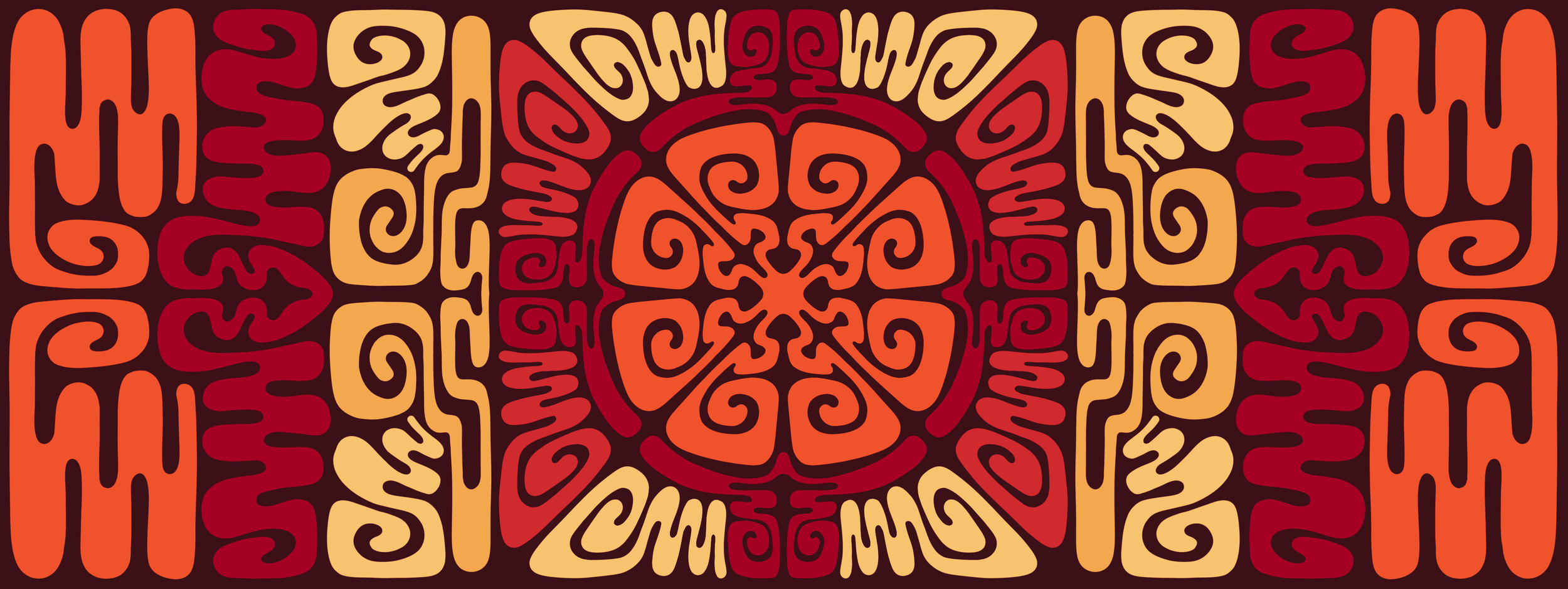 A symmetrical abstract pattern with swirls and shapes in shades of orange, red, and cream, resembling a geometric design.