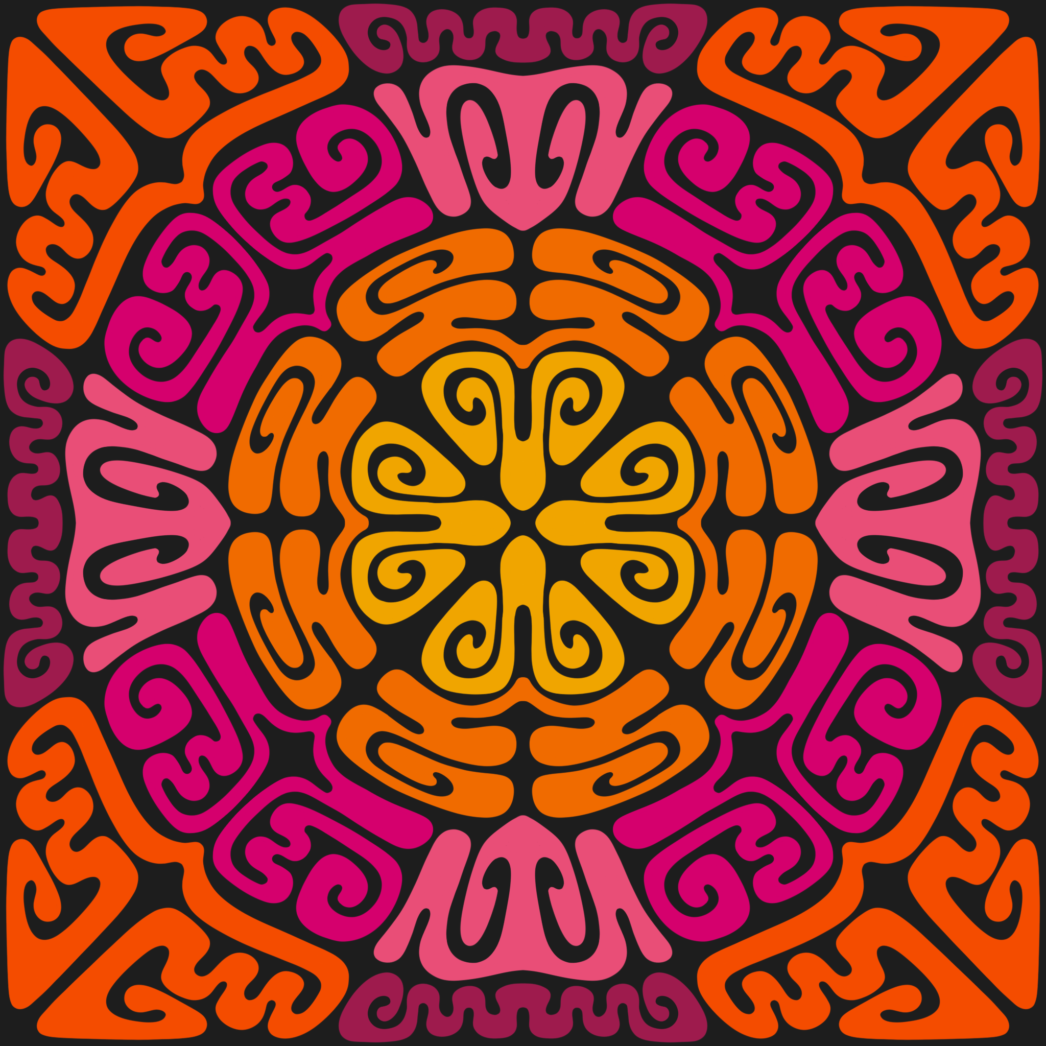 Colorful symmetrical abstract pattern with swirling lines in shades of yellow, orange, pink, purple, and black.