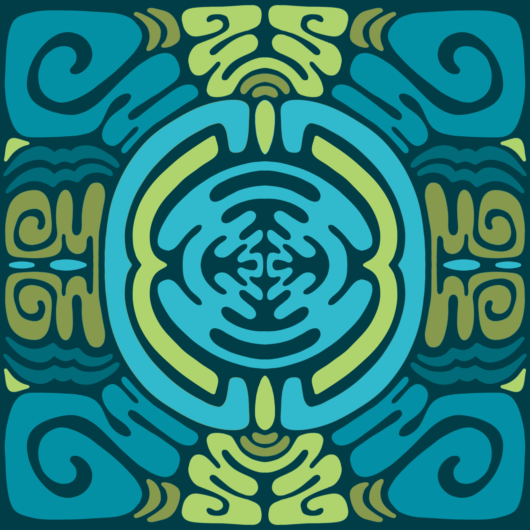 An abstract, symmetrical pattern with curvy lines in shades of blue and green.