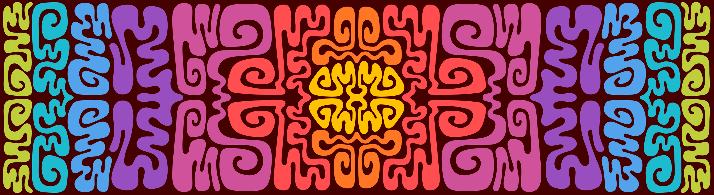 Brightly colored abstract geometric pattern with swirling and maze-like shapes in green, blue, purple, orange, yellow, and red.