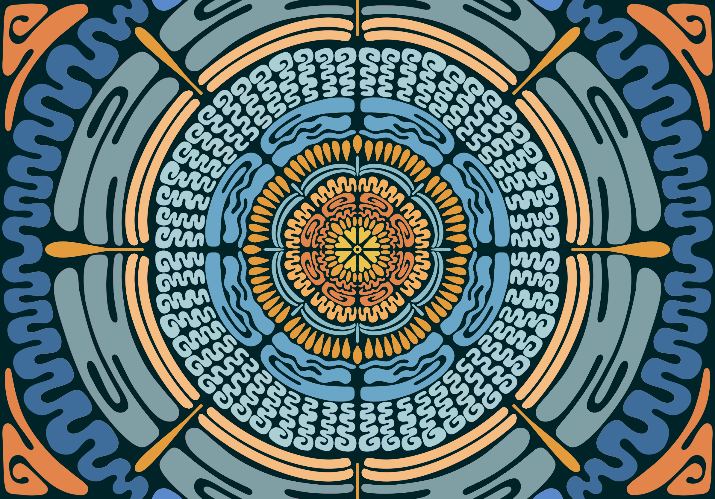 A colorful, abstract, circular pattern with multiple concentric rings, each filled with intricate shapes and designs in shades of blue, orange, yellow, and gray.