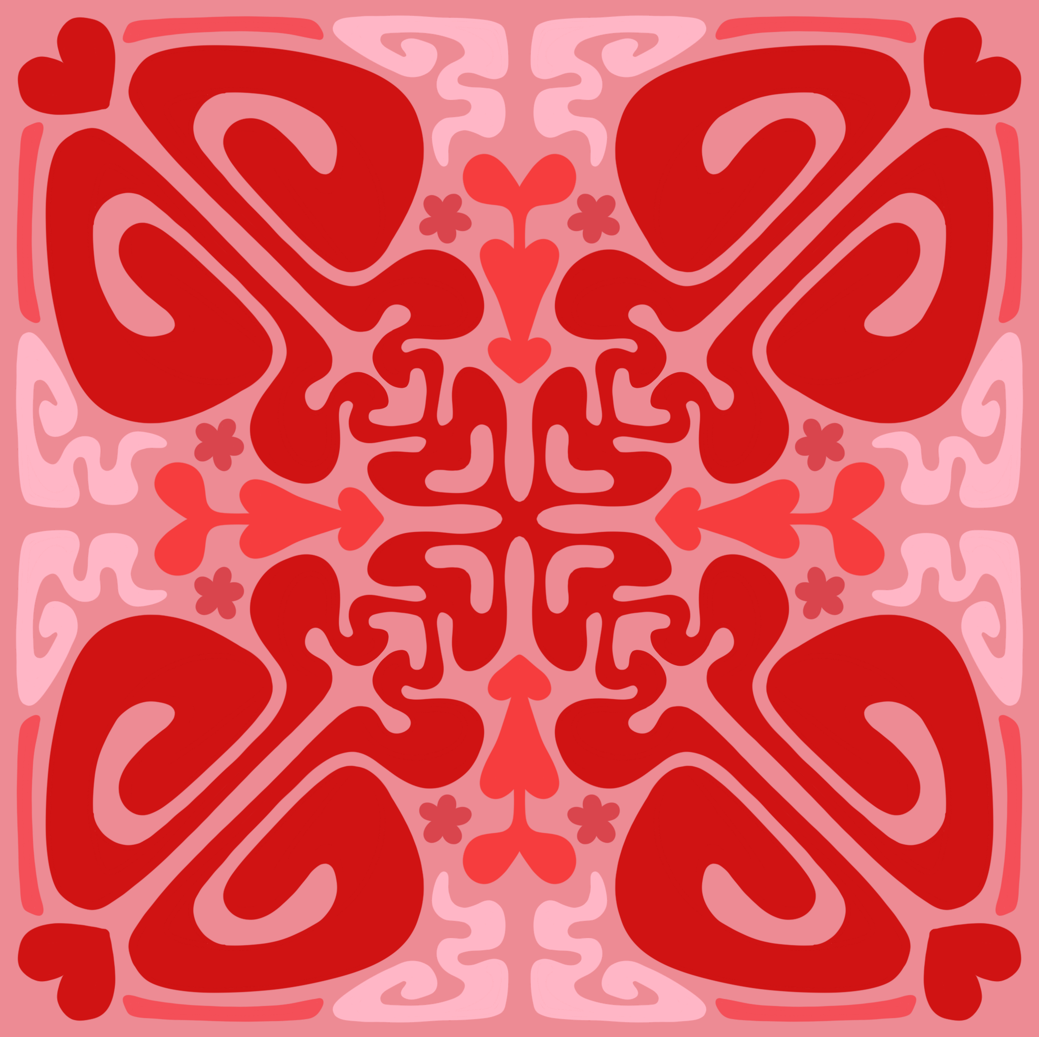 A symmetrical abstract pattern with red heart and floral shapes against a pink background.