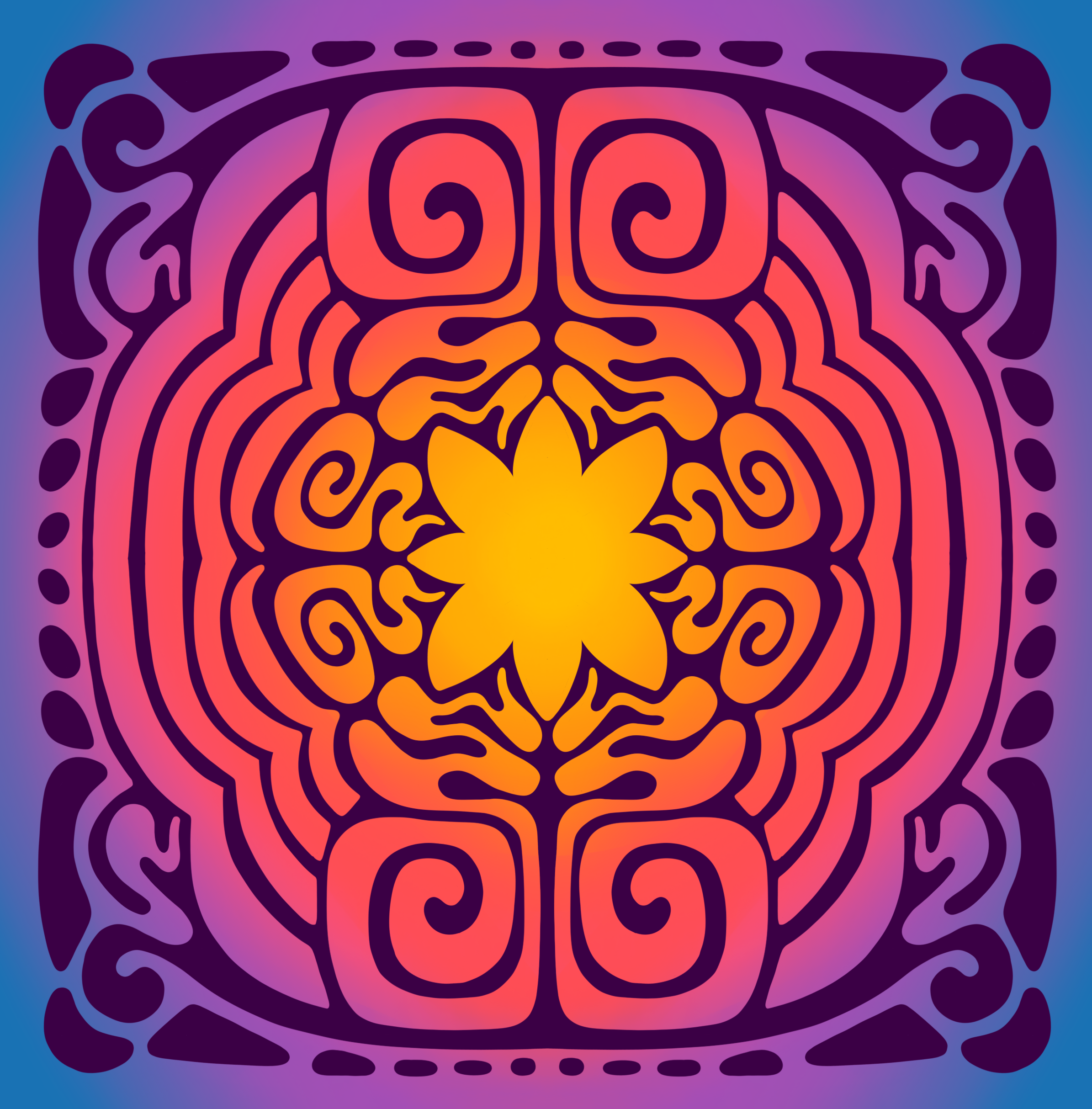 A vibrant, symmetrical, abstract mandala with a central yellow flower-like shape, surrounded by swirling patterns in orange, purple, and blue hues.